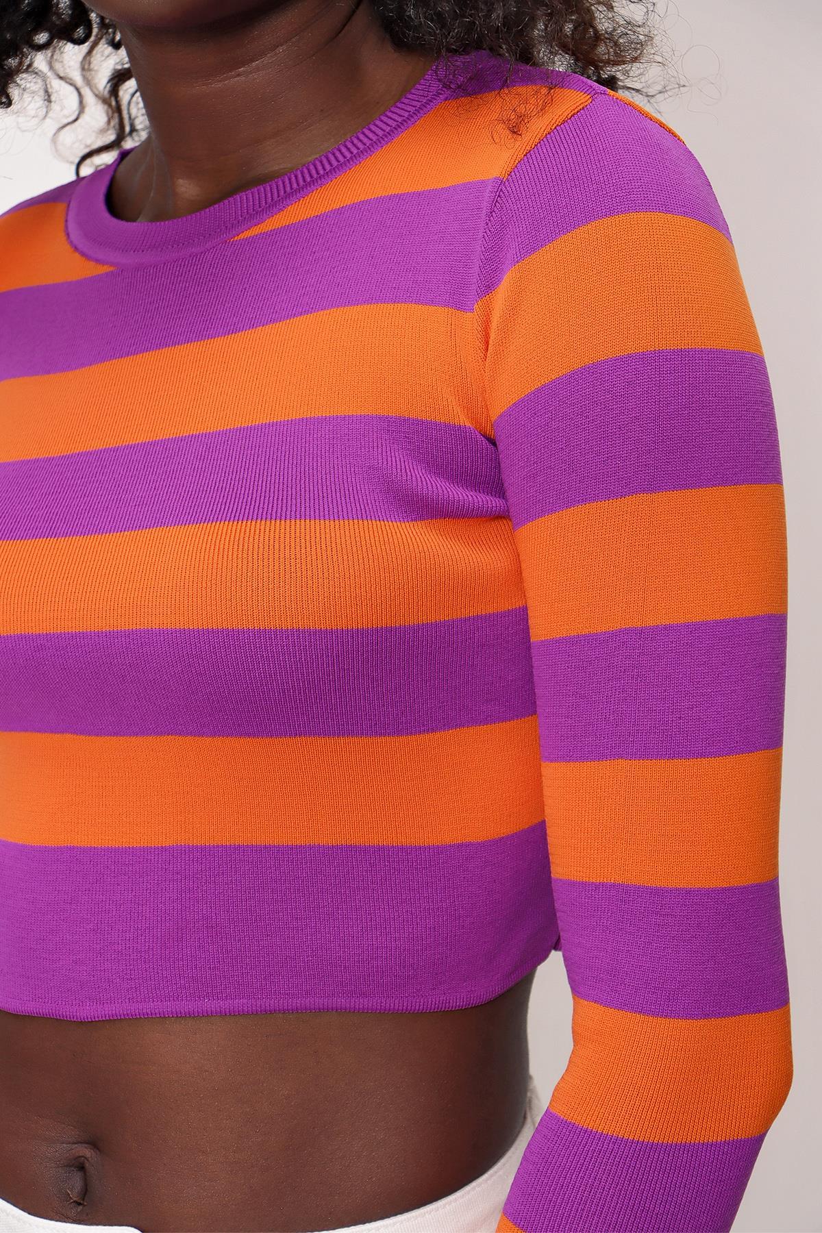 Chuba Kadın Çizgili Triko Crop Top Mor-Turuncu 22SW303