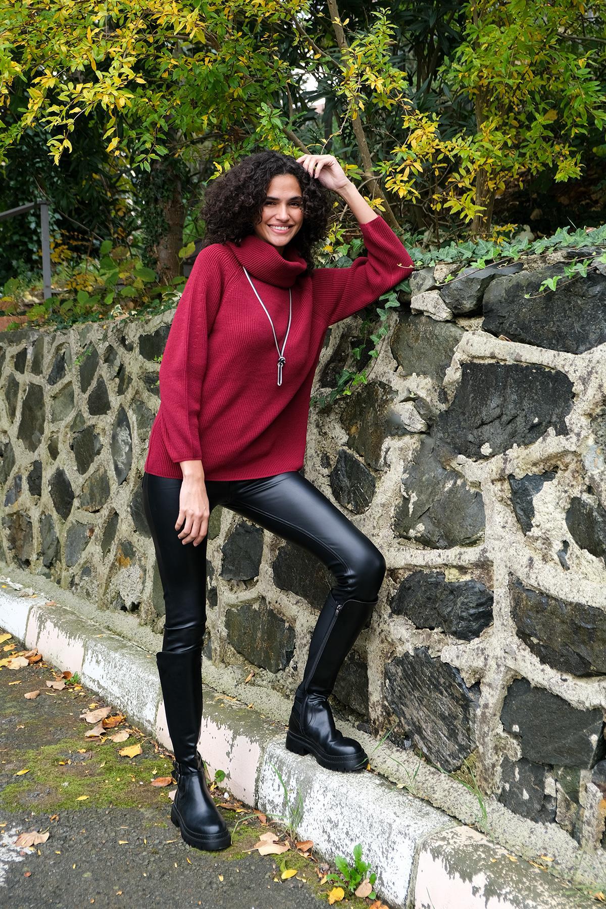 Chuba Kadın Degaje Yaka Uzun Selanik Triko Kazak Bordo 22WK258