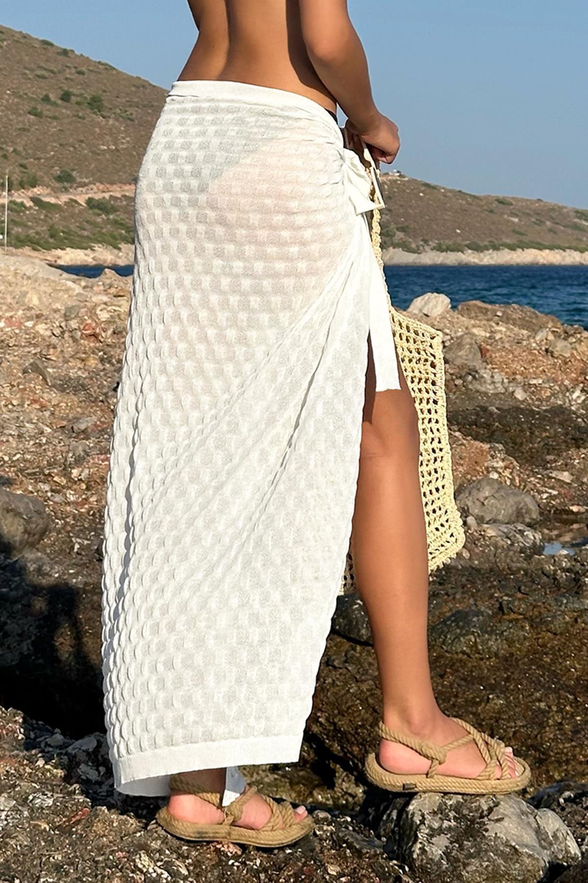 Chuba Kadın Dokulu, Yandan Bağlamalı, Maksi, Triko Pareo Beyaz 25S3031