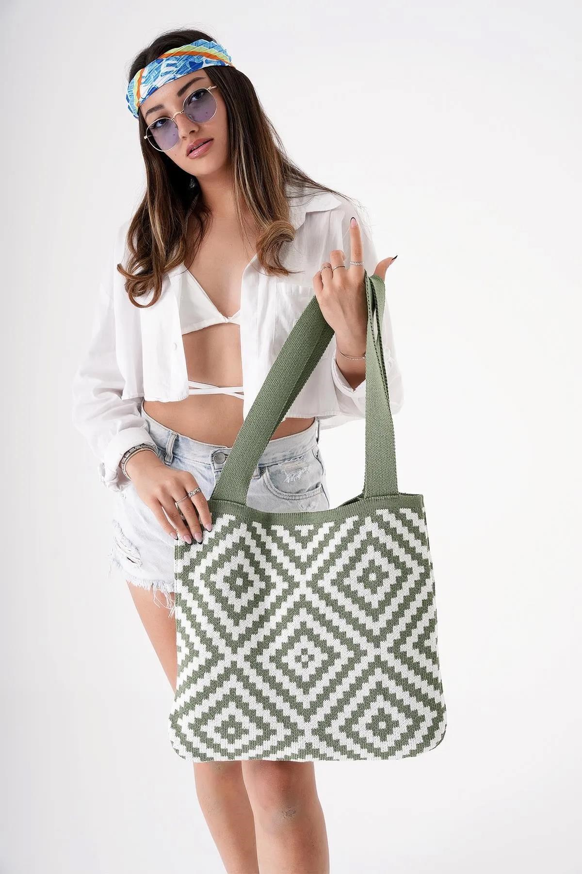 Chuba Kadın Etnik Desen Triko Örgü Gündelik Shopper El & Omuz Çantası CHAX810 Yeşil