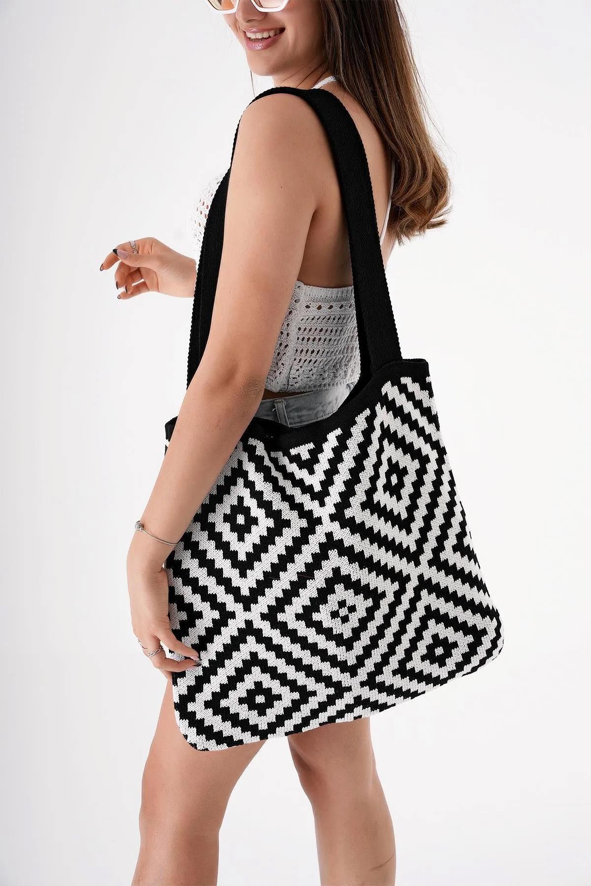 Chuba Kadın Etnik Desen Triko Örgü Gündelik Shopper El & Omuz Çantası CHAX810 Siyah