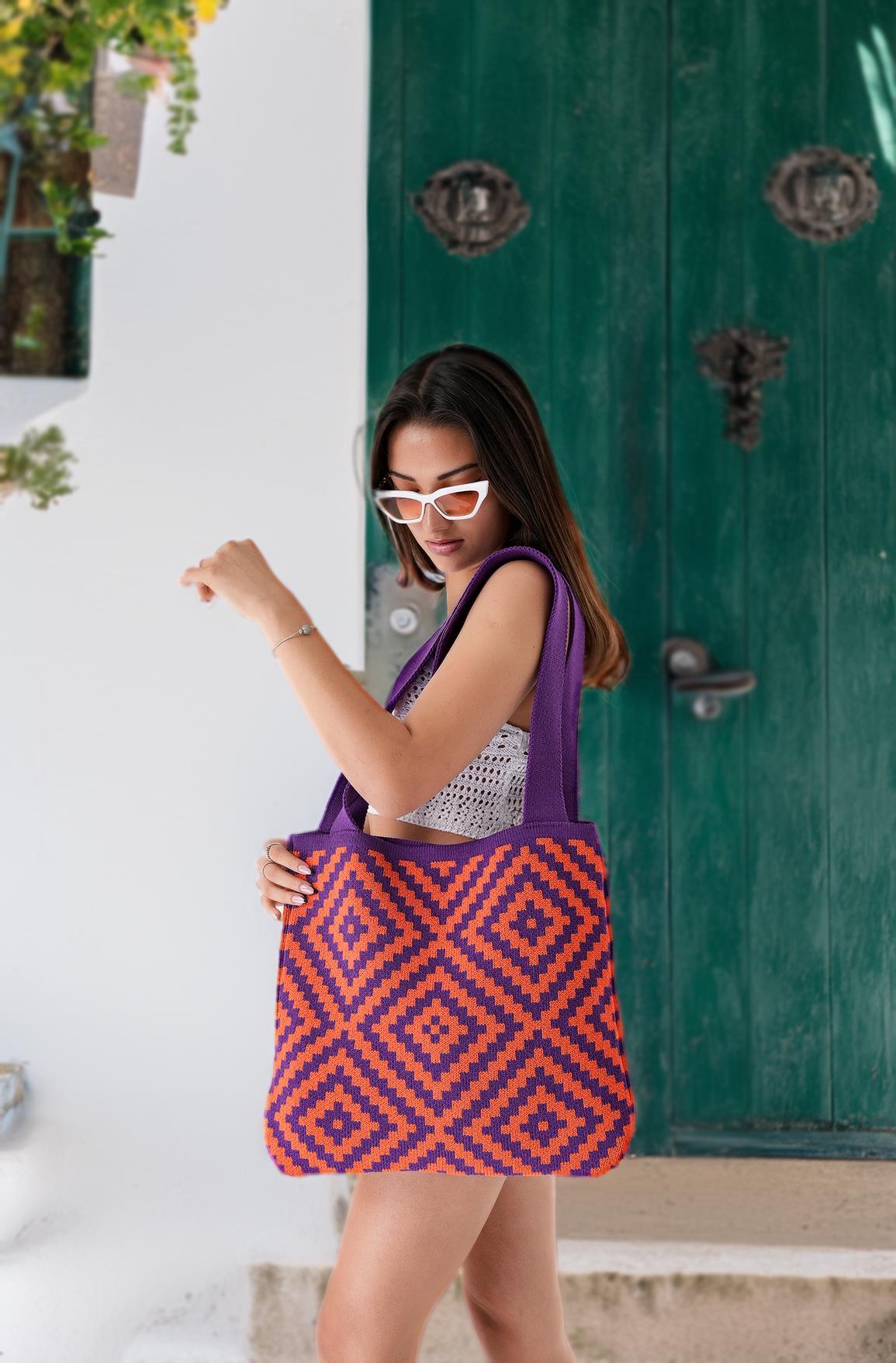 Chuba Kadın Etnik Desen Triko Örgü Gündelik Shopper El & Omuz Çantası CHAX810 Mor