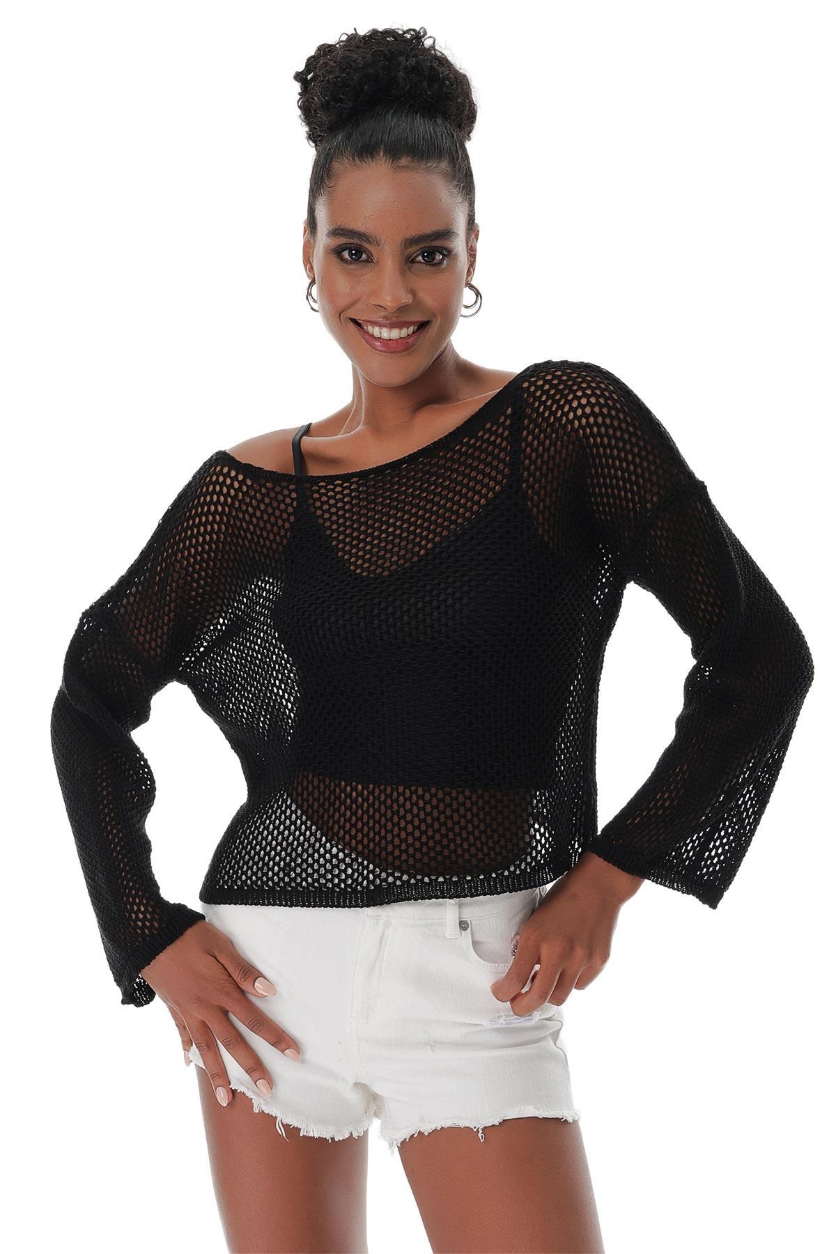 Chuba Kadın File Örgü Pamuklu Bolero Triko Kazak Siyah 23S1006