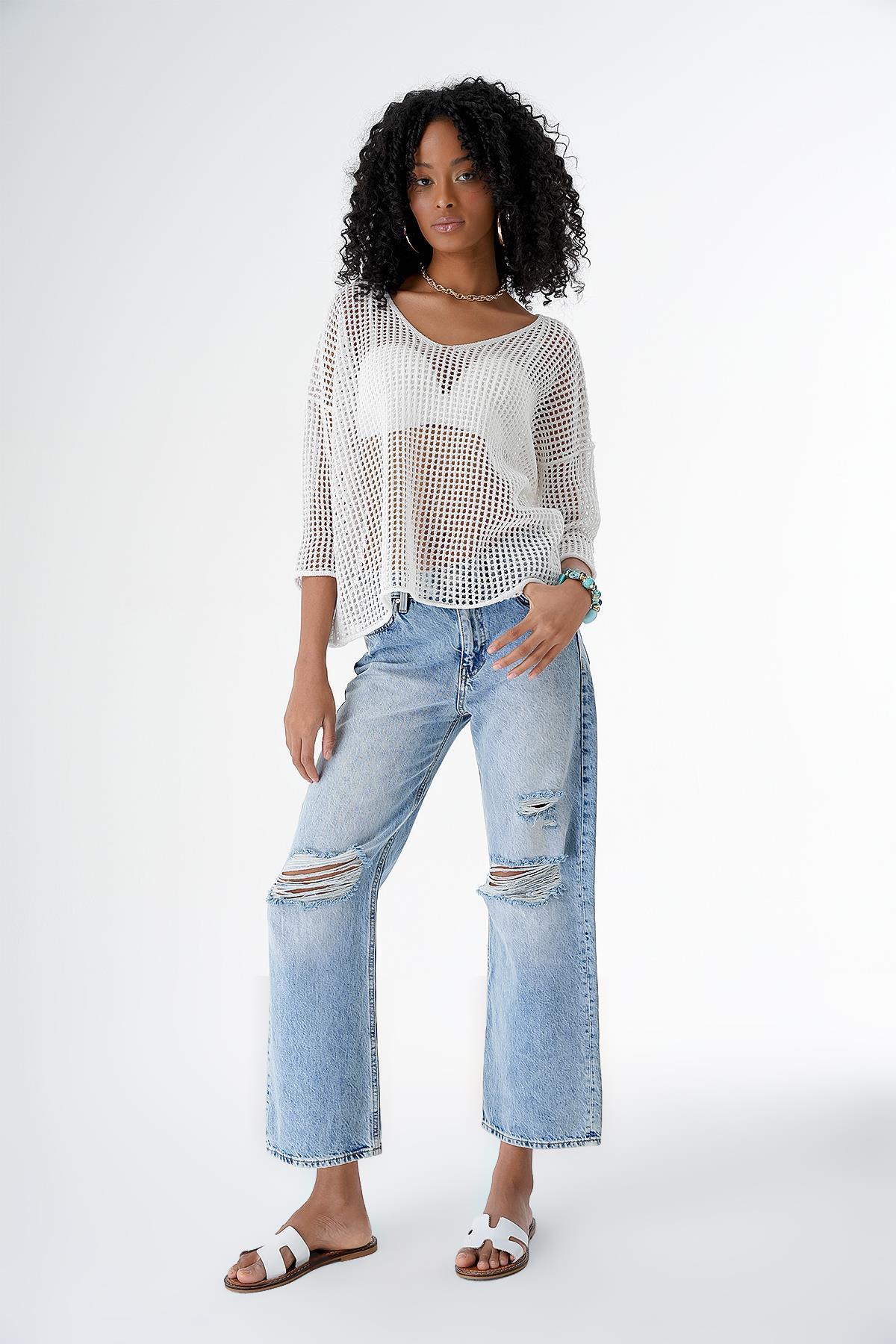 Chuba Kadın Geniş Kalıp V Yaka Ajurlu Transparan Triko Bluz Beyaz 24S154