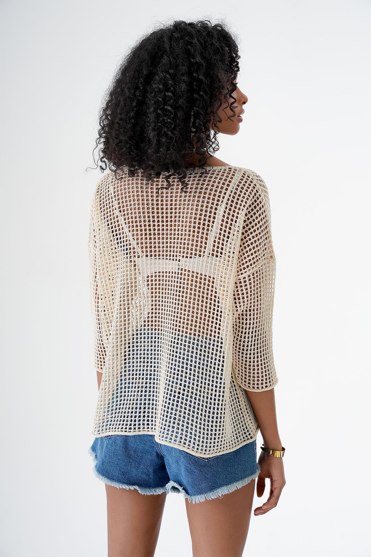 Chuba Kadın Geniş Kalıp V Yaka Ajurlu Transparan Triko Bluz Vanilya 24S154