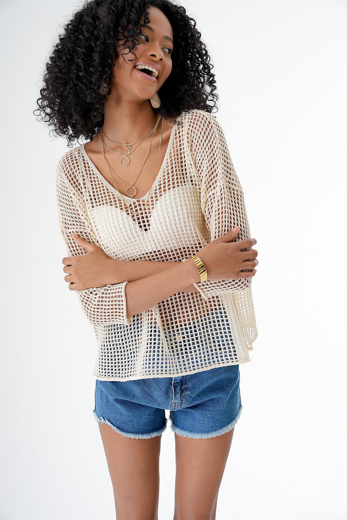 Chuba Kadın Geniş Kalıp V Yaka Ajurlu Transparan Triko Bluz Vanilya 24S154