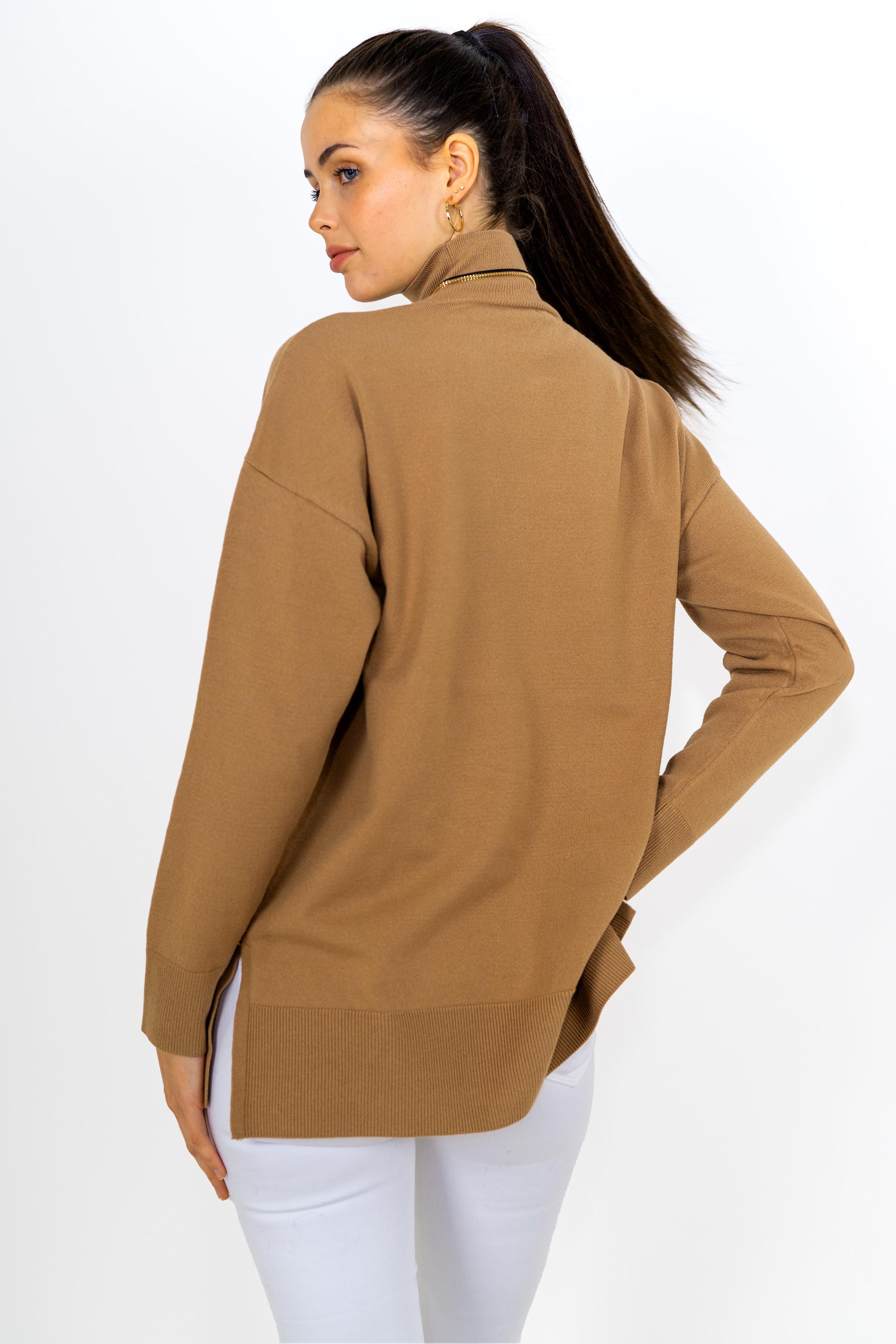 Chuba Kadın Geniş Kalıp Yumuşak Dokulu Balıkçı Yaka Triko Kazak Camel 24W141
