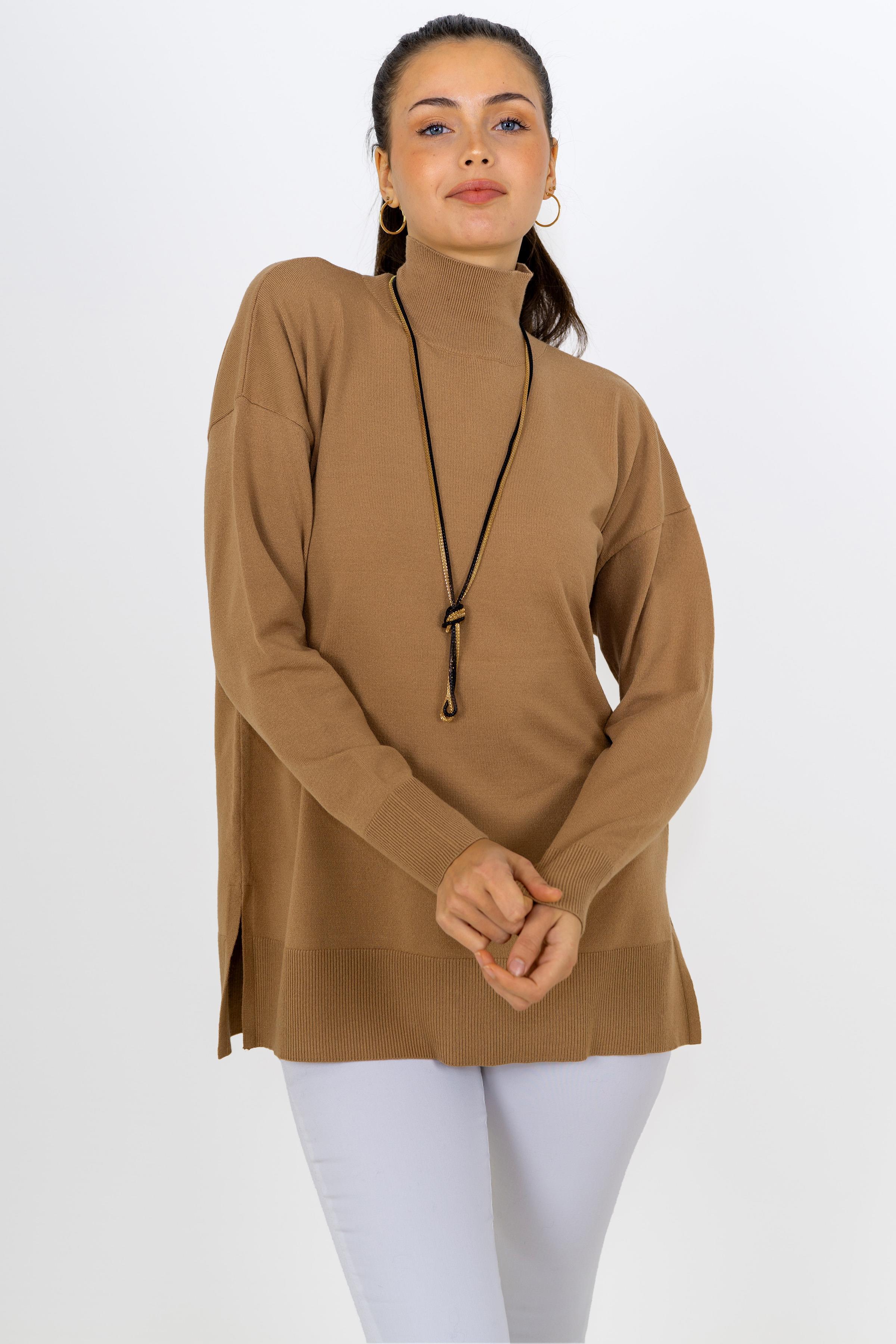 Chuba Kadın Geniş Kalıp Yumuşak Dokulu Balıkçı Yaka Triko Kazak Camel 24W141