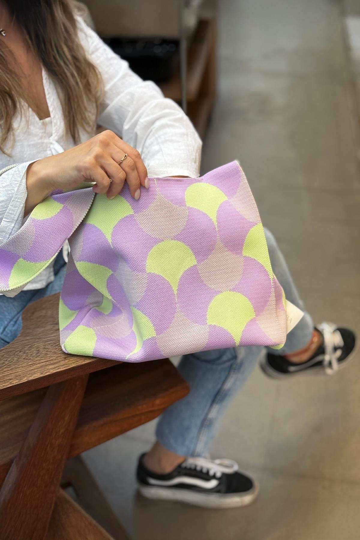 Chuba Kadın Geometrik Desenli Torba Triko El & Omuz Tote Çanta Lila CHAX818