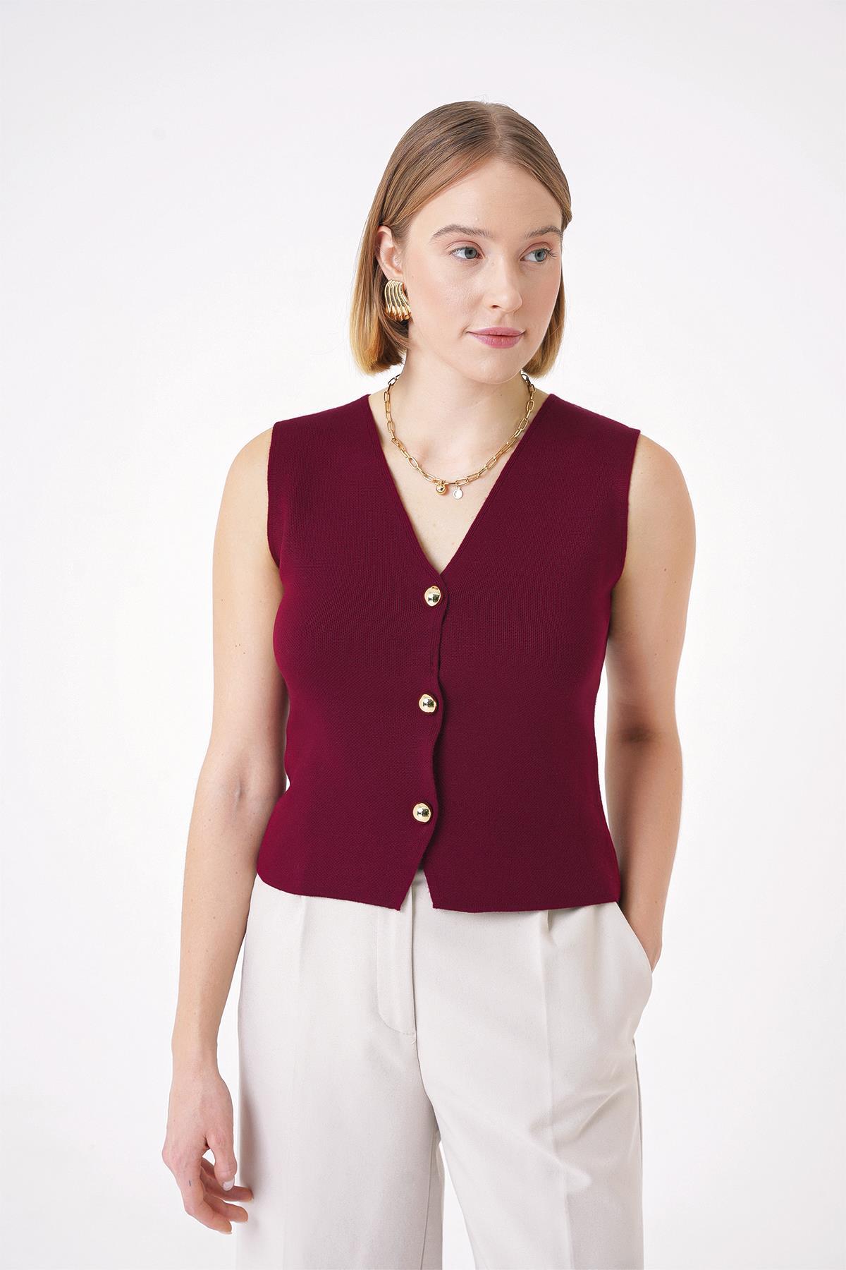 Chuba Kadın Gold Düğmeli Dokulu Regular Fit Triko Yelek Bordo 25W3001