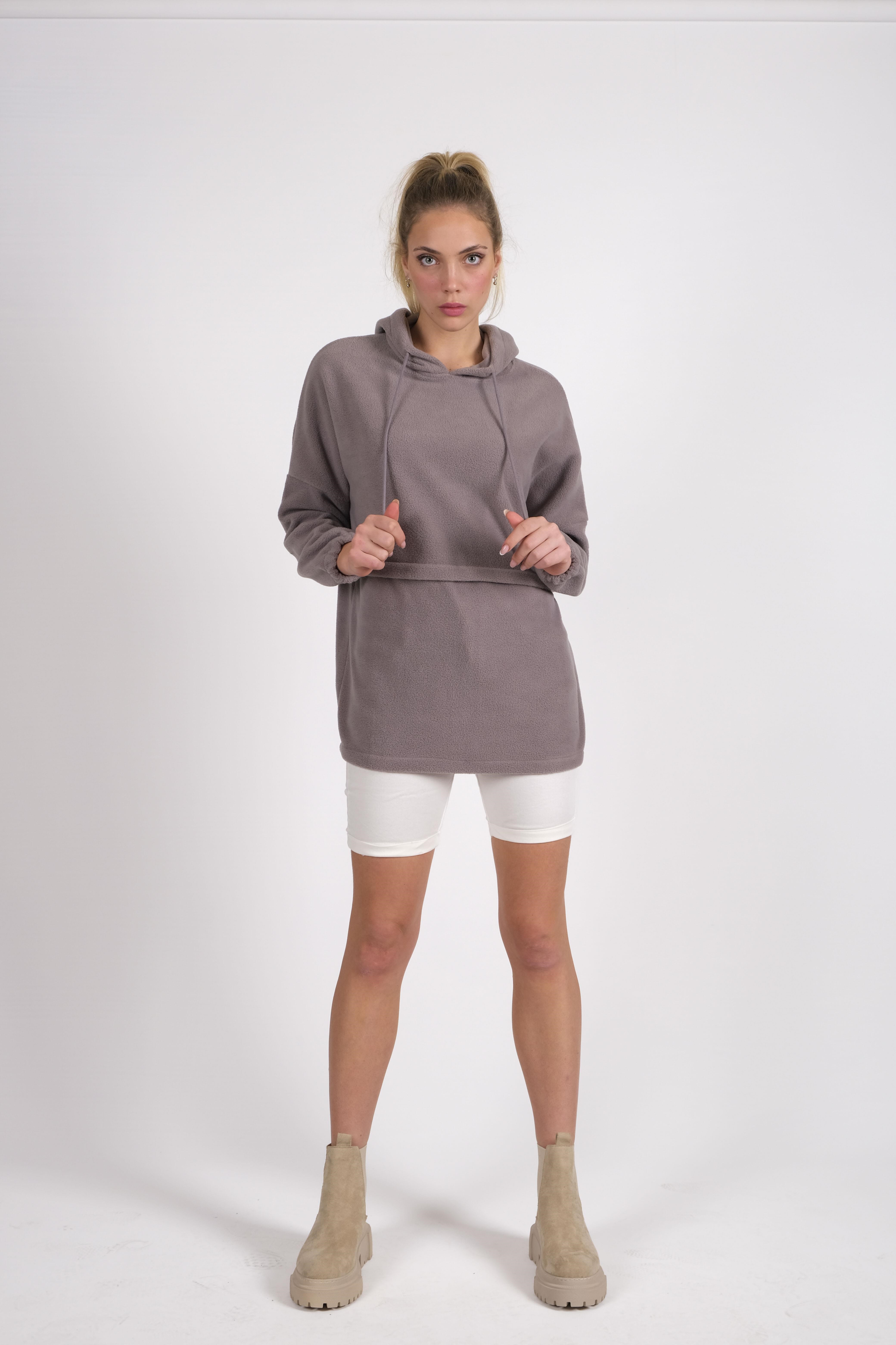 CHUBA Kadın Gri Kapüşonlu Oversize Outdoor Retro Polar Hoodie 22WK299