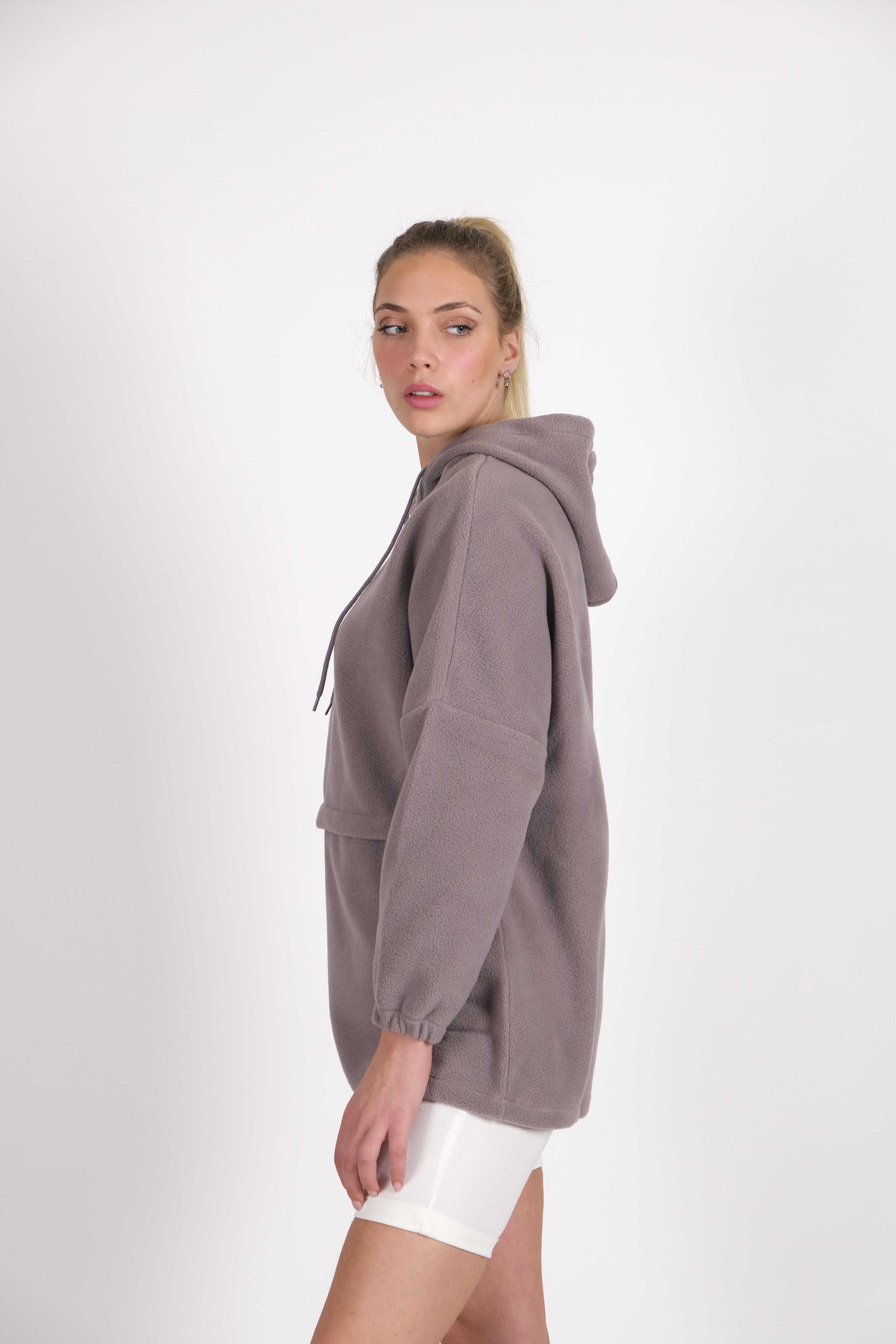 CHUBA Kadın Gri Kapüşonlu Oversize Outdoor Retro Polar Hoodie 22WK299