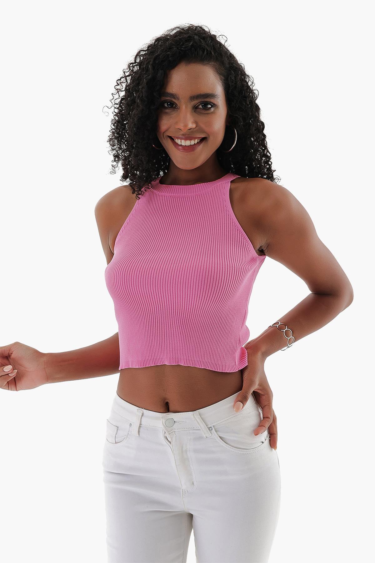 Chuba Kadın Halter Yaka Fitilli Triko Crop Pembe 23S1008