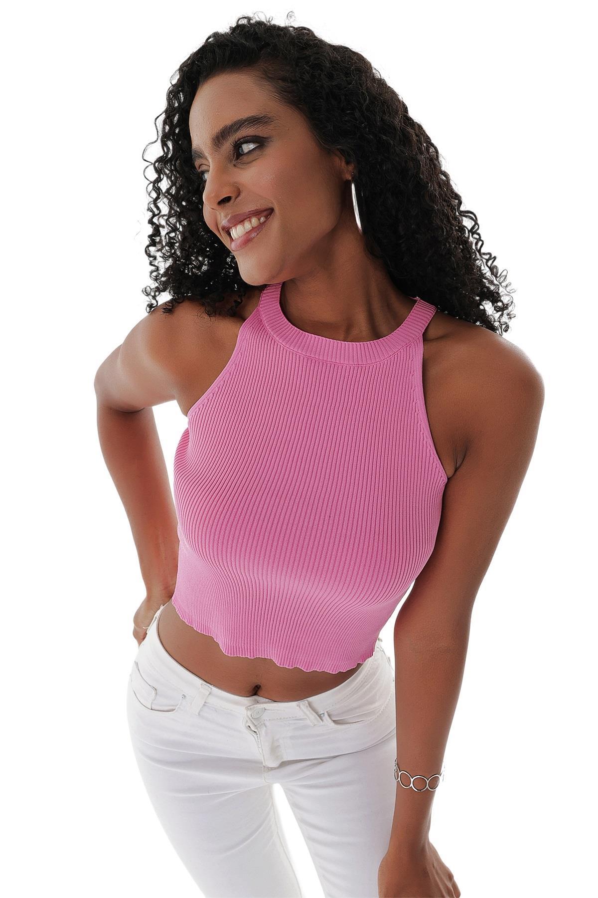 Chuba Kadın Halter Yaka Fitilli Triko Crop Pembe 23S1008