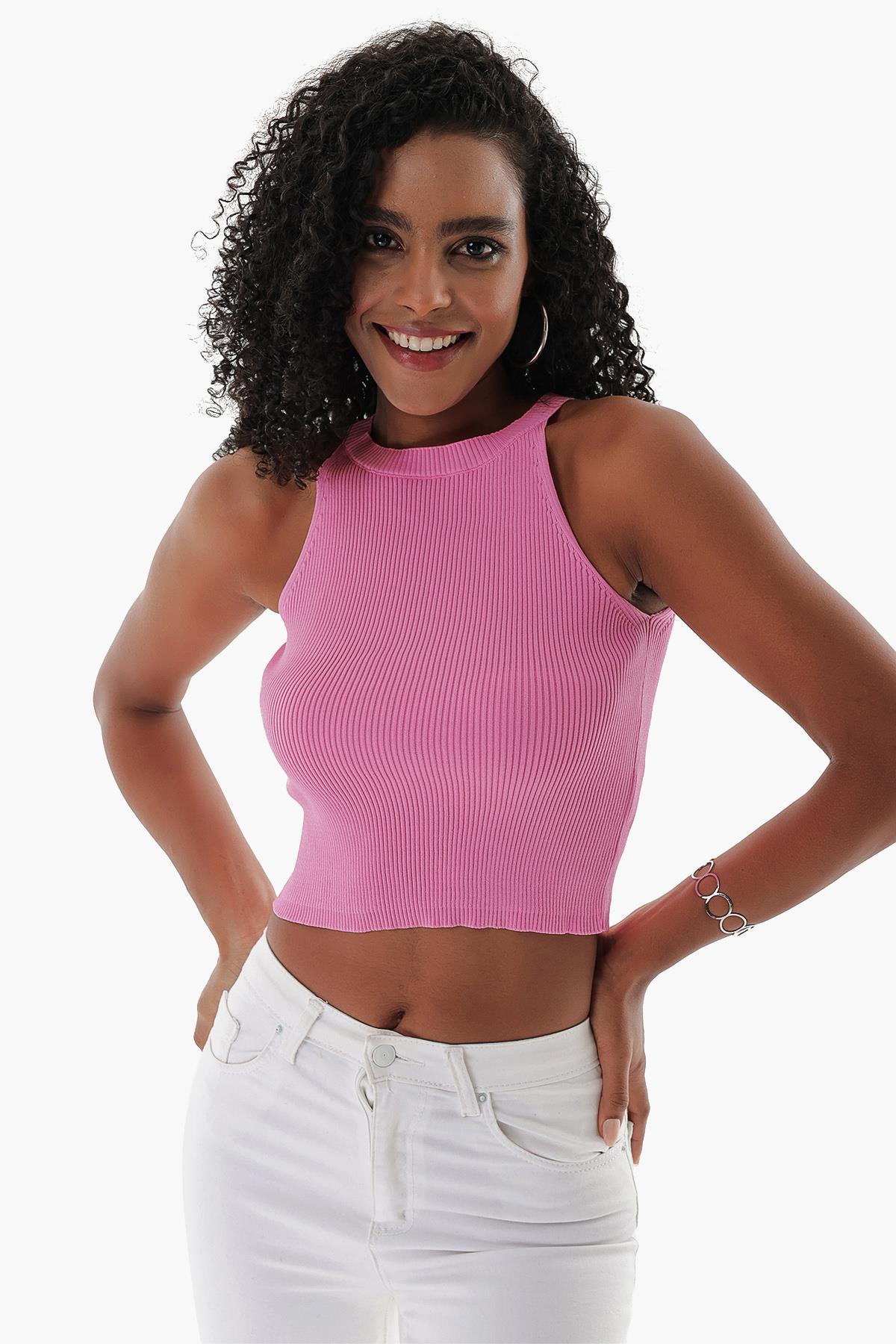 Chuba Kadın Halter Yaka Fitilli Triko Crop Pembe 23S1008