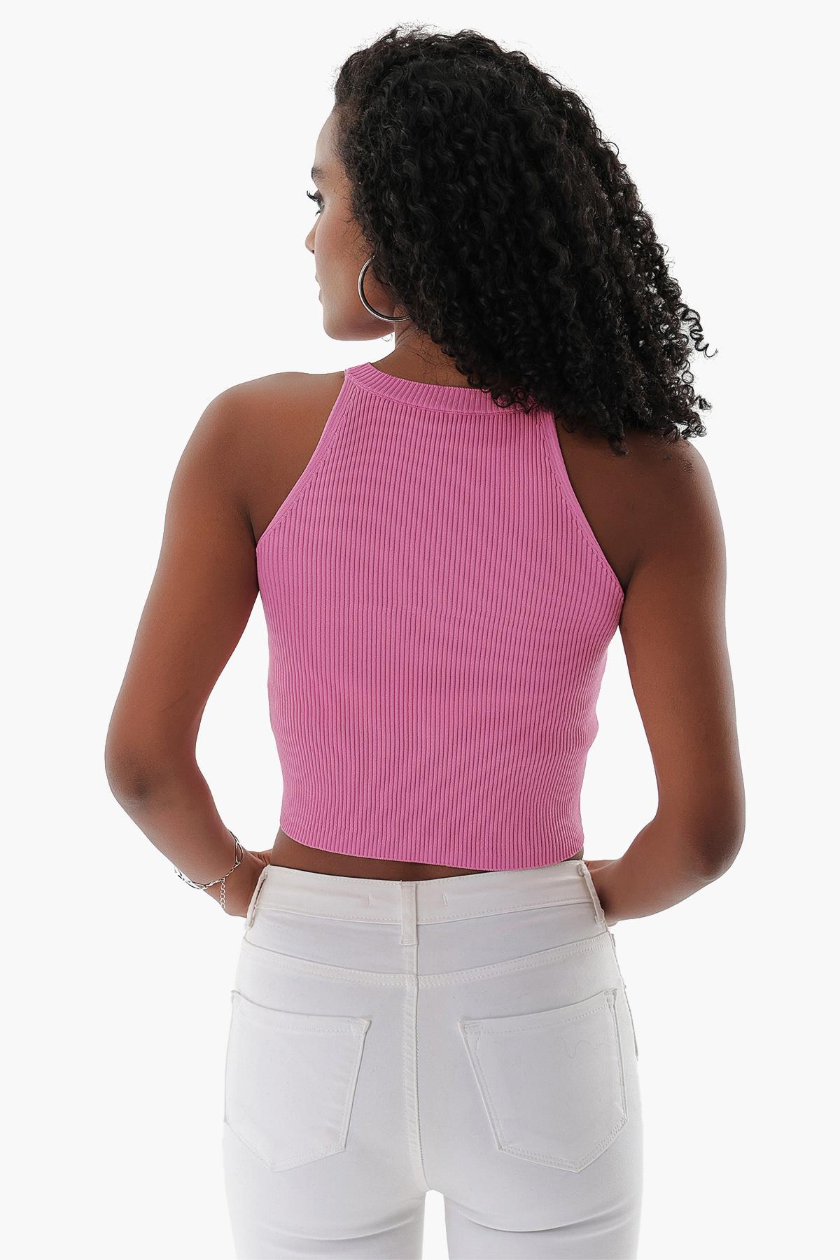 Chuba Kadın Halter Yaka Fitilli Triko Crop Pembe 23S1008
