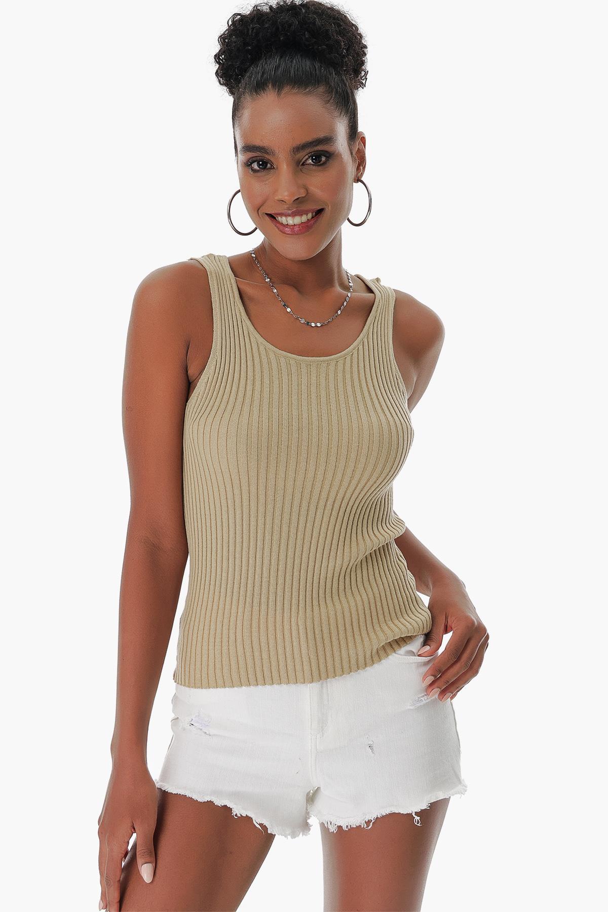 Chuba Kadın Havuz Yaka Fitilli İnce Pamuklu Triko Atlet Taba 23S1015