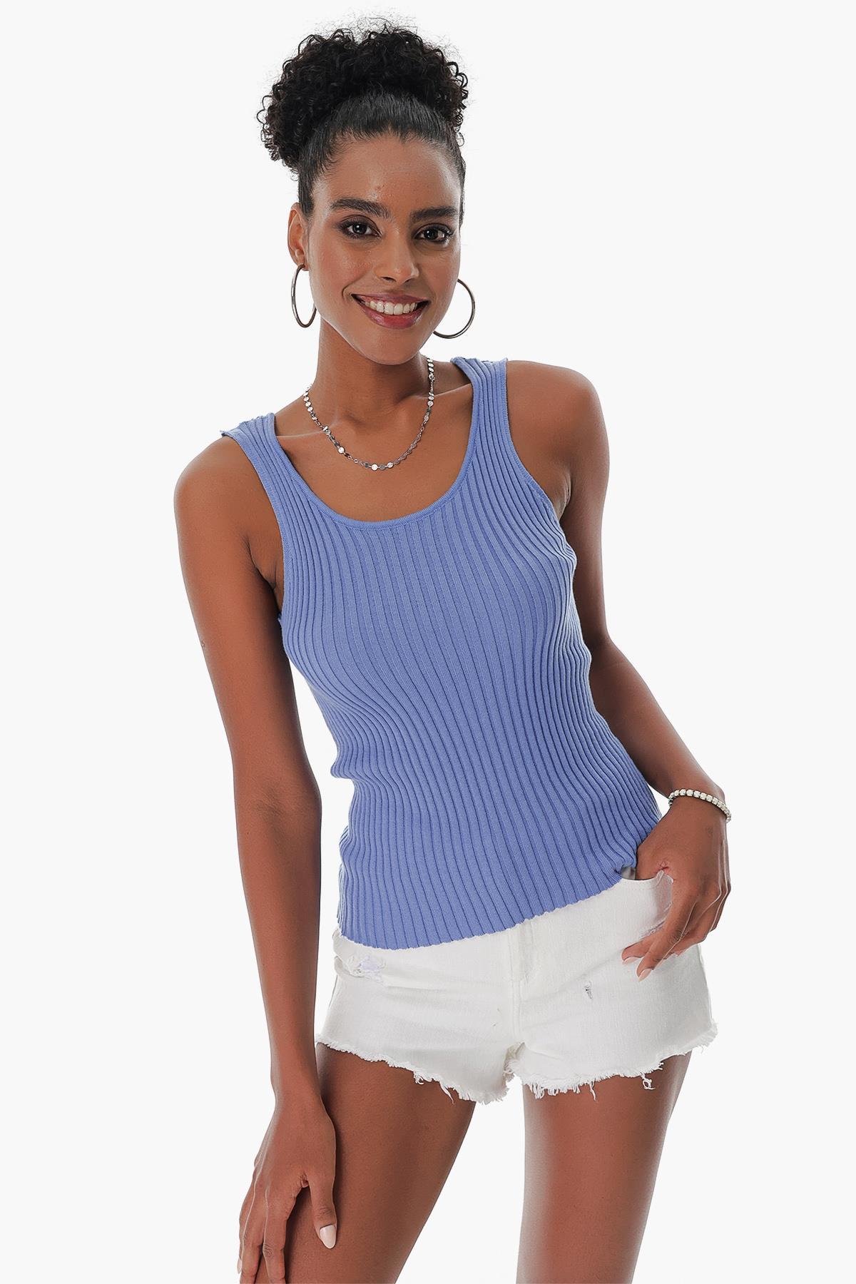 Chuba Kadın Havuz Yaka Fitilli İnce Pamuklu Triko Atlet Mavi 23S1015