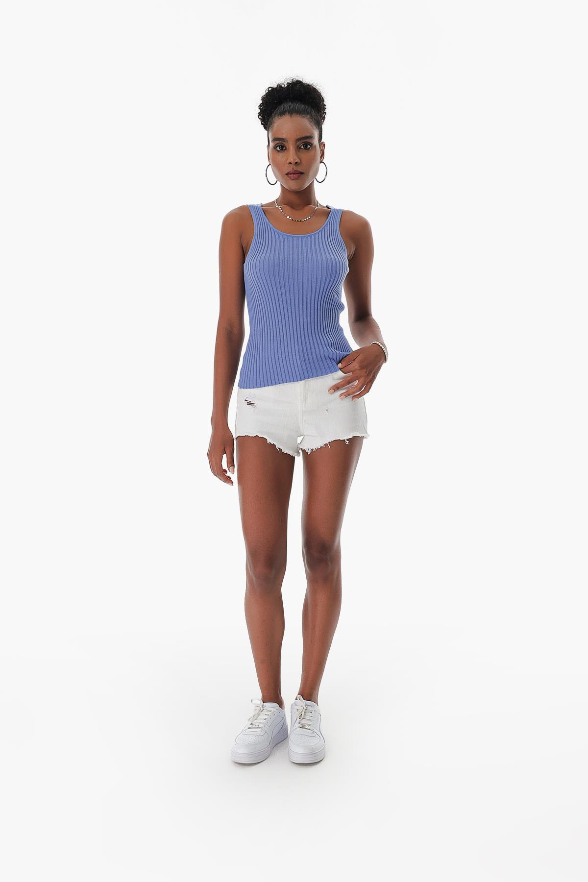 Chuba Kadın Havuz Yaka Fitilli İnce Pamuklu Triko Atlet Mavi 23S1015