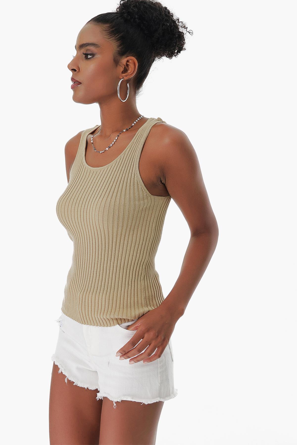 Chuba Kadın Havuz Yaka Fitilli İnce Pamuklu Triko Atlet Taba 23S1015