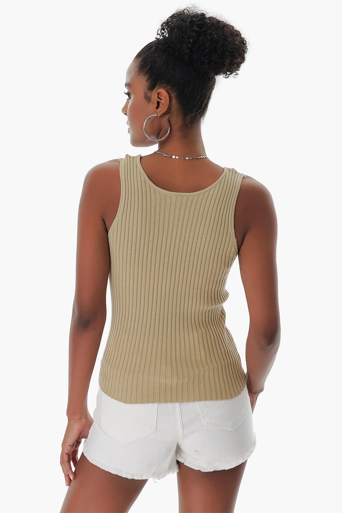 Chuba Kadın Havuz Yaka Fitilli İnce Pamuklu Triko Atlet Taba 23S1015