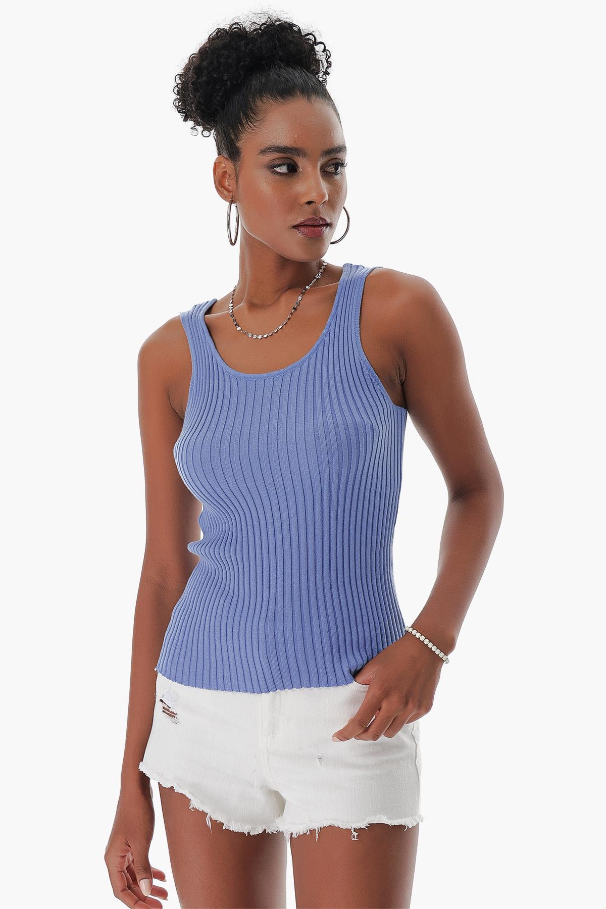 Chuba Kadın Havuz Yaka Fitilli İnce Pamuklu Triko Atlet Mavi 23S1015