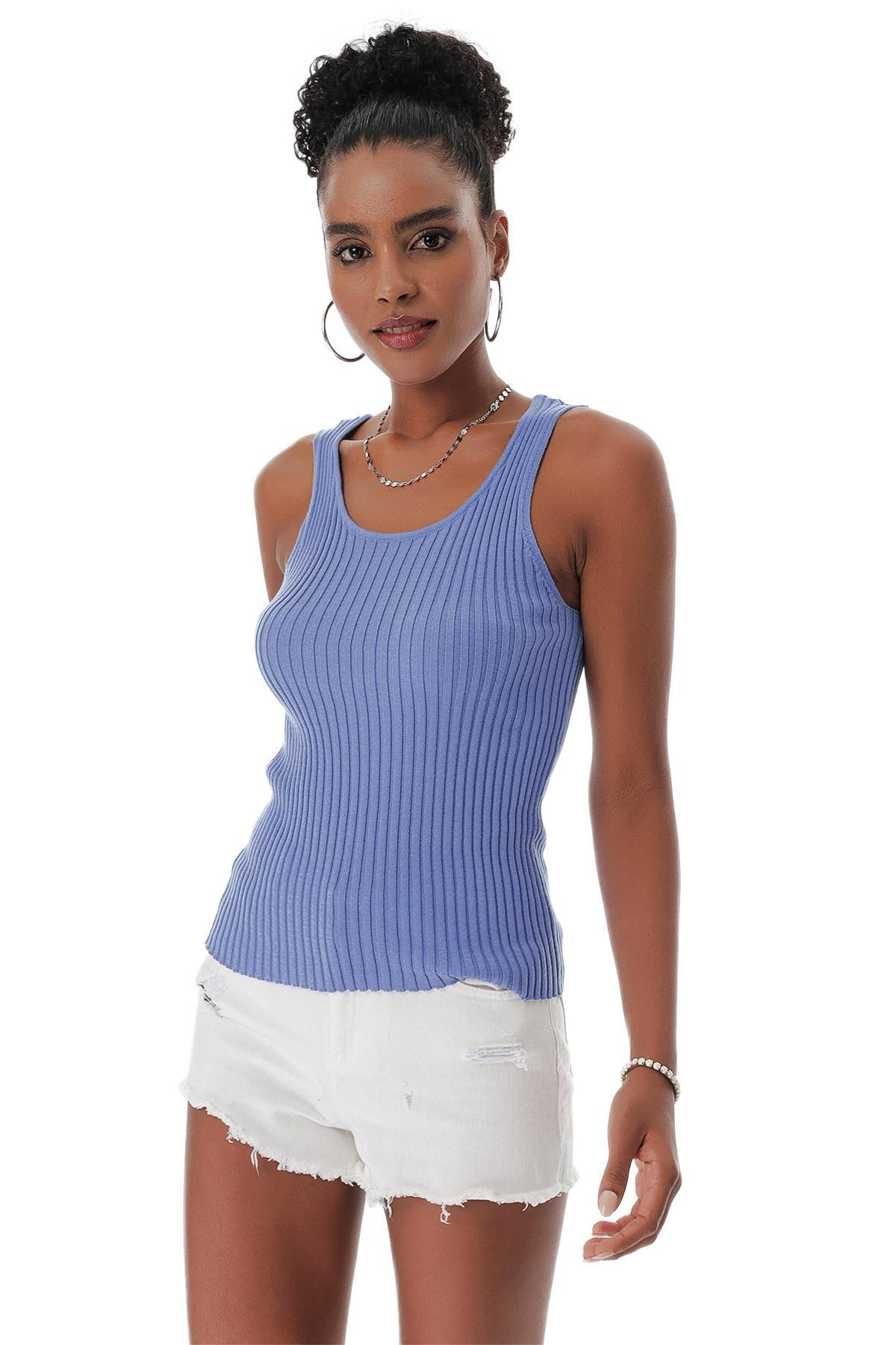 Chuba Kadın Havuz Yaka Fitilli İnce Pamuklu Triko Atlet Mavi 23S1015