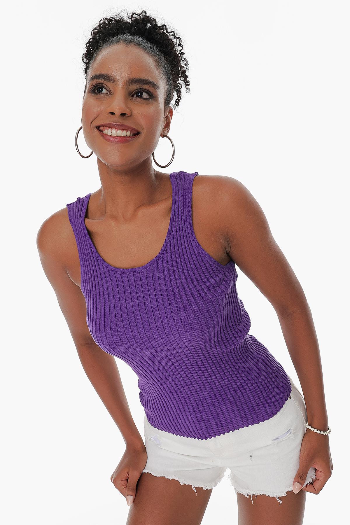 Chuba Kadın Havuz Yaka Fitilli İnce Pamuklu Triko Atlet Mor 23S1015