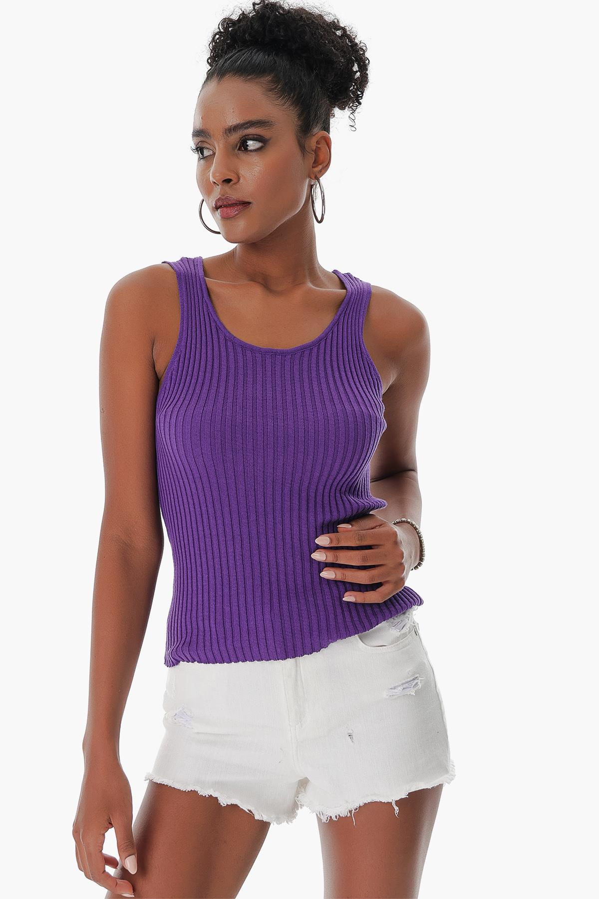 Chuba Kadın Havuz Yaka Fitilli İnce Pamuklu Triko Atlet Mor 23S1015