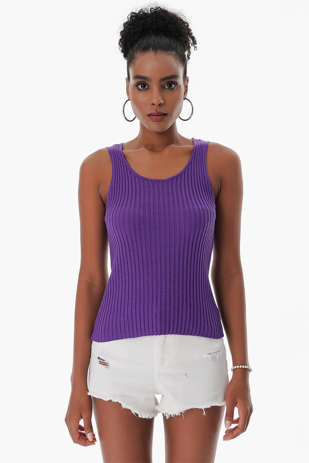 Chuba Kadın Havuz Yaka Fitilli İnce Pamuklu Triko Atlet Mor 23S1015