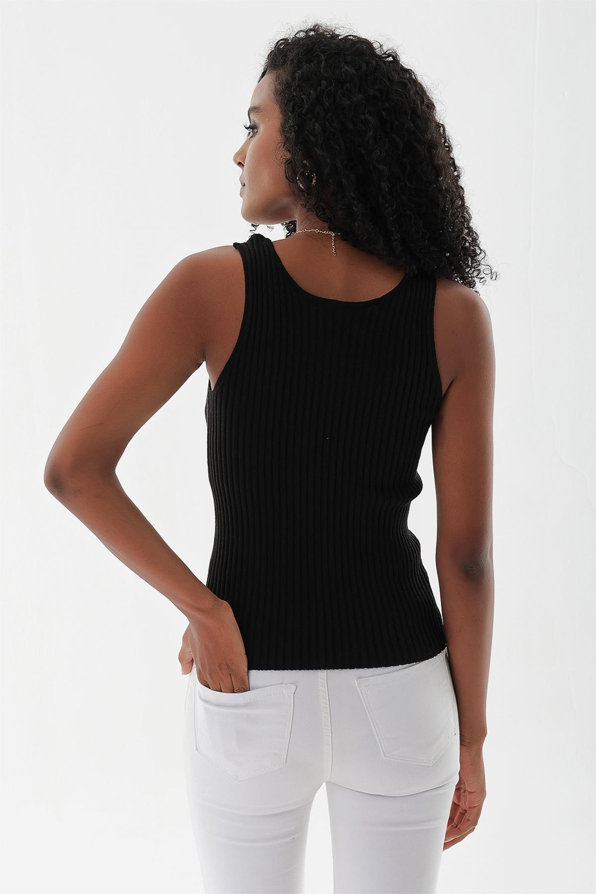 Chuba Kadın Havuz Yaka Fitilli İnce Pamuklu Triko Atlet Siyah 23S1015