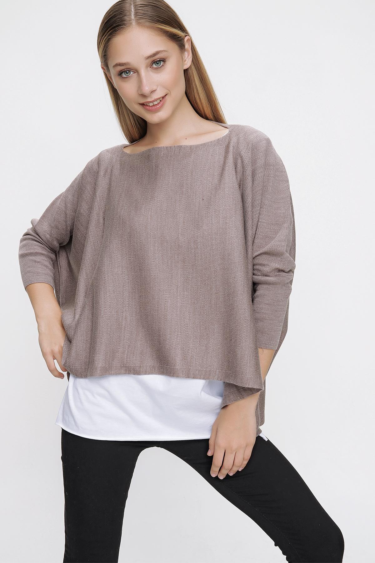 Chuba Kadın İkili Kombin Takım T-Shirt Triko Panço Vizon 22WK223