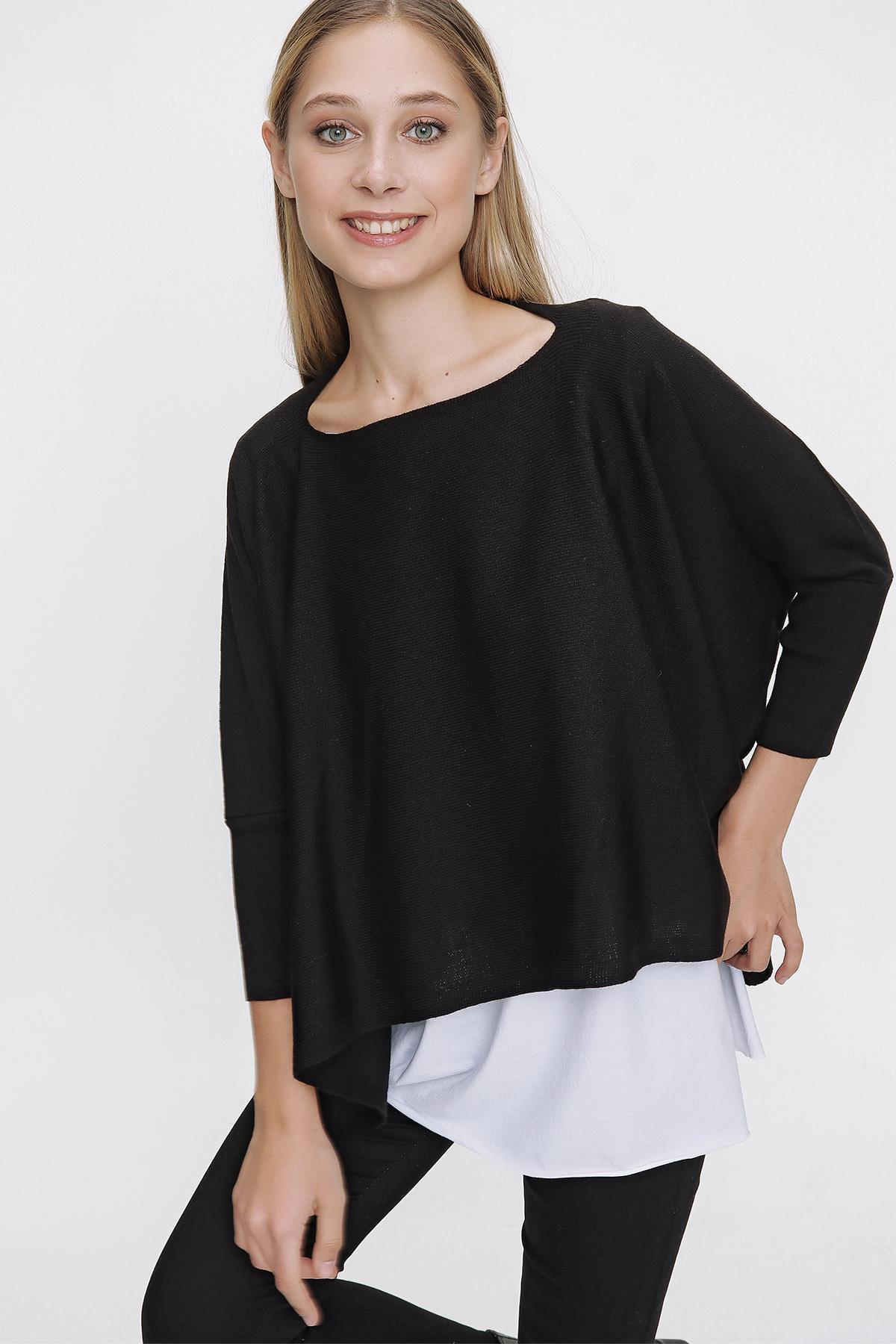 Chuba Kadın İkili Kombin Takım T-Shirt Triko Panço Siyah 22WK223