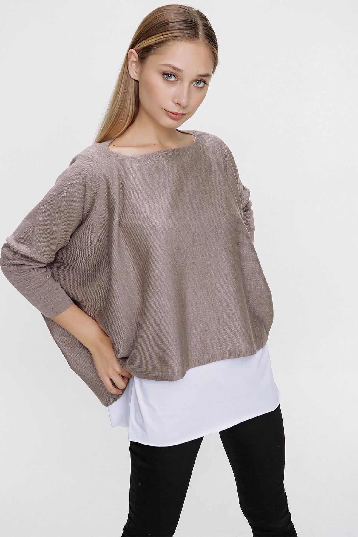 Chuba Kadın İkili Kombin Takım T-Shirt Triko Panço Vizon 22WK223