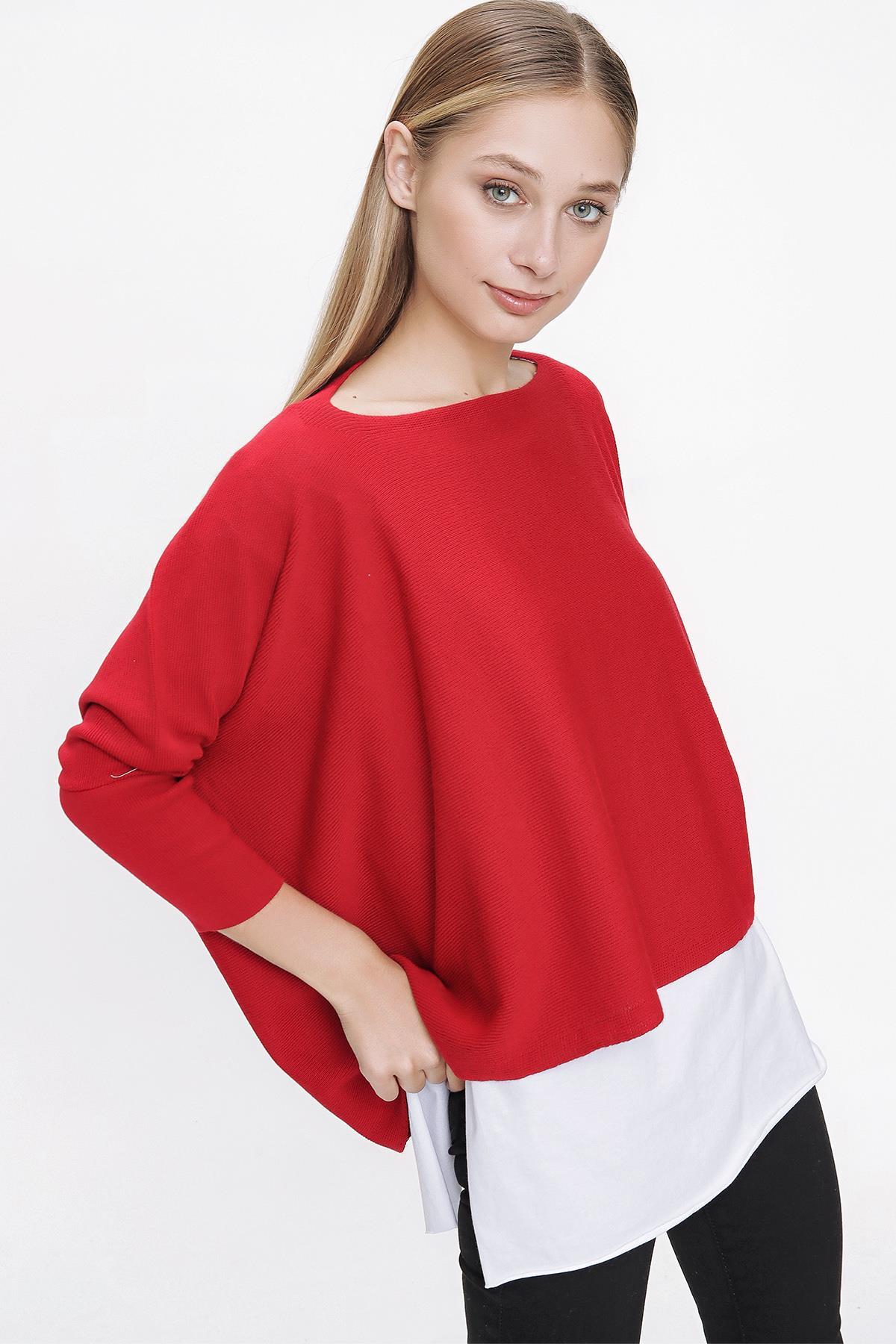 Chuba Kadın İkili Kombin Takım T-Shirt Triko Panço Kırmızı 22WK223