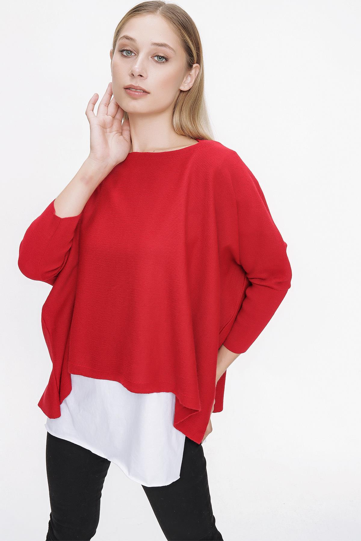 Chuba Kadın İkili Kombin Takım T-Shirt Triko Panço Kırmızı 22WK223