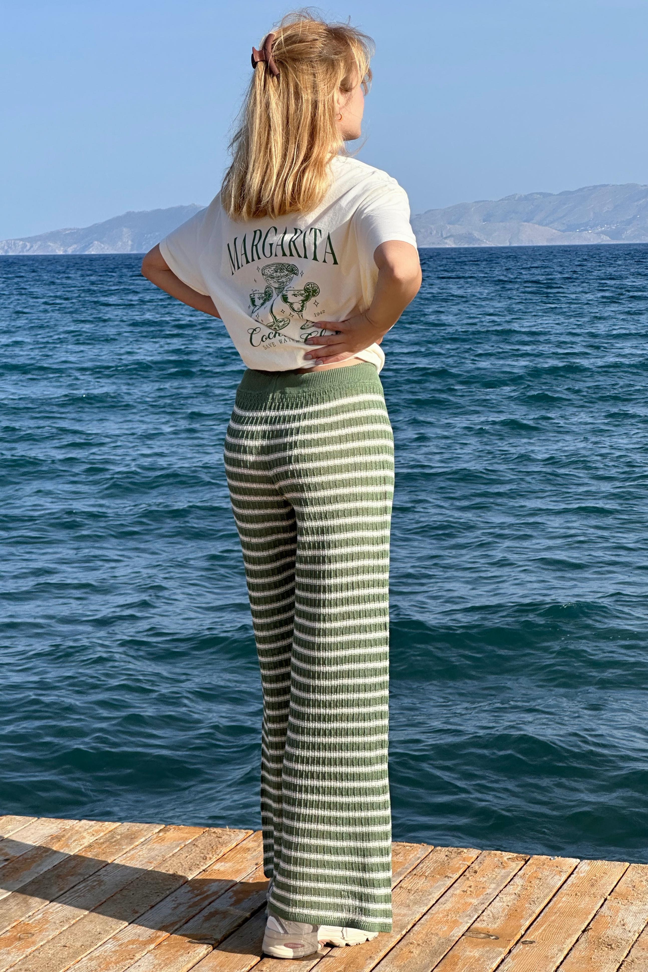 Chuba Kadın İspanyol Paça Triko Flare Fit Çizgili Desenli Pantolon Yeşil-Beyaz 25S3027