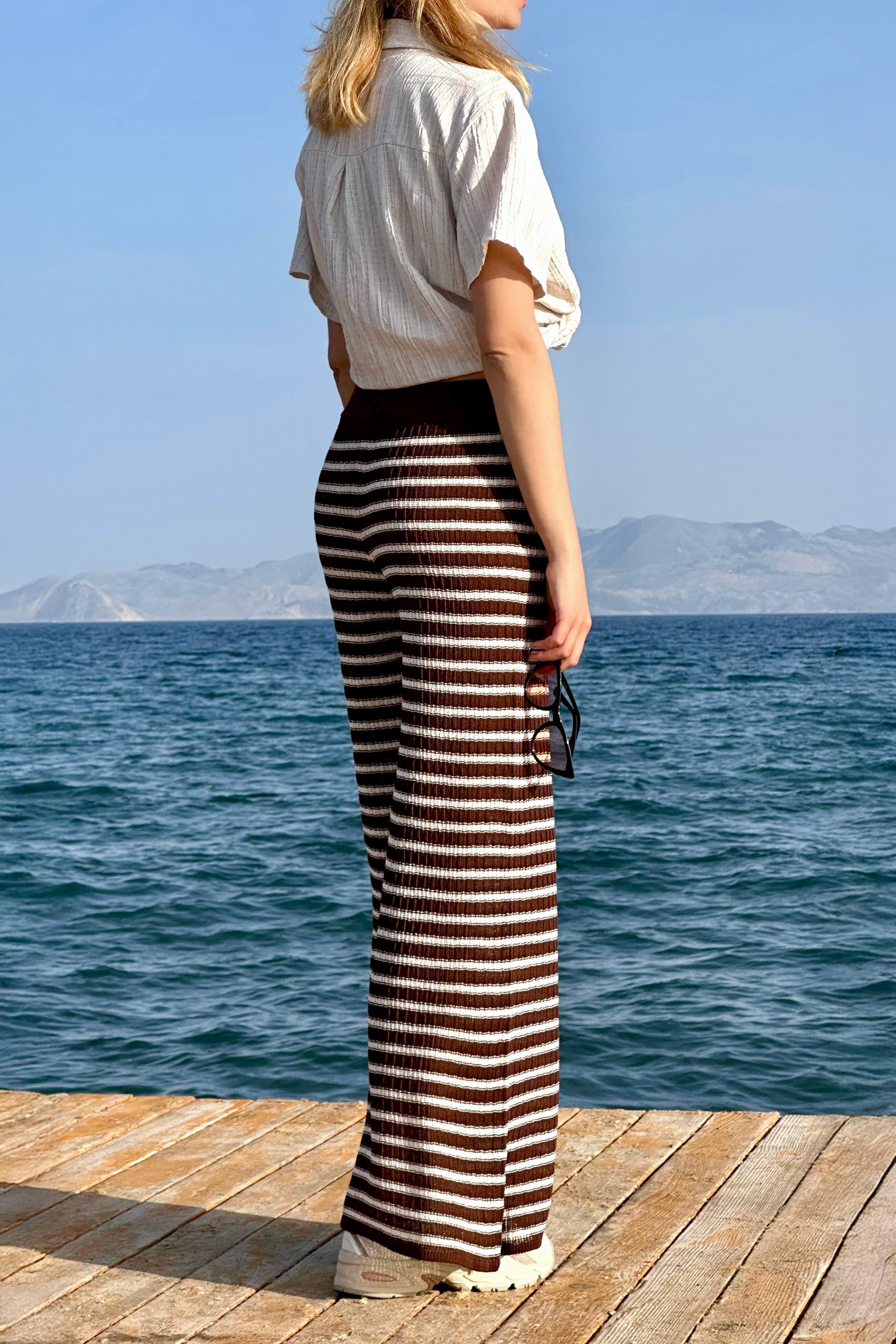 Chuba Kadın İspanyol Paça Triko Flare Fit Çizgili Desenli Pantolon Kahve-Vanilya 25S3027