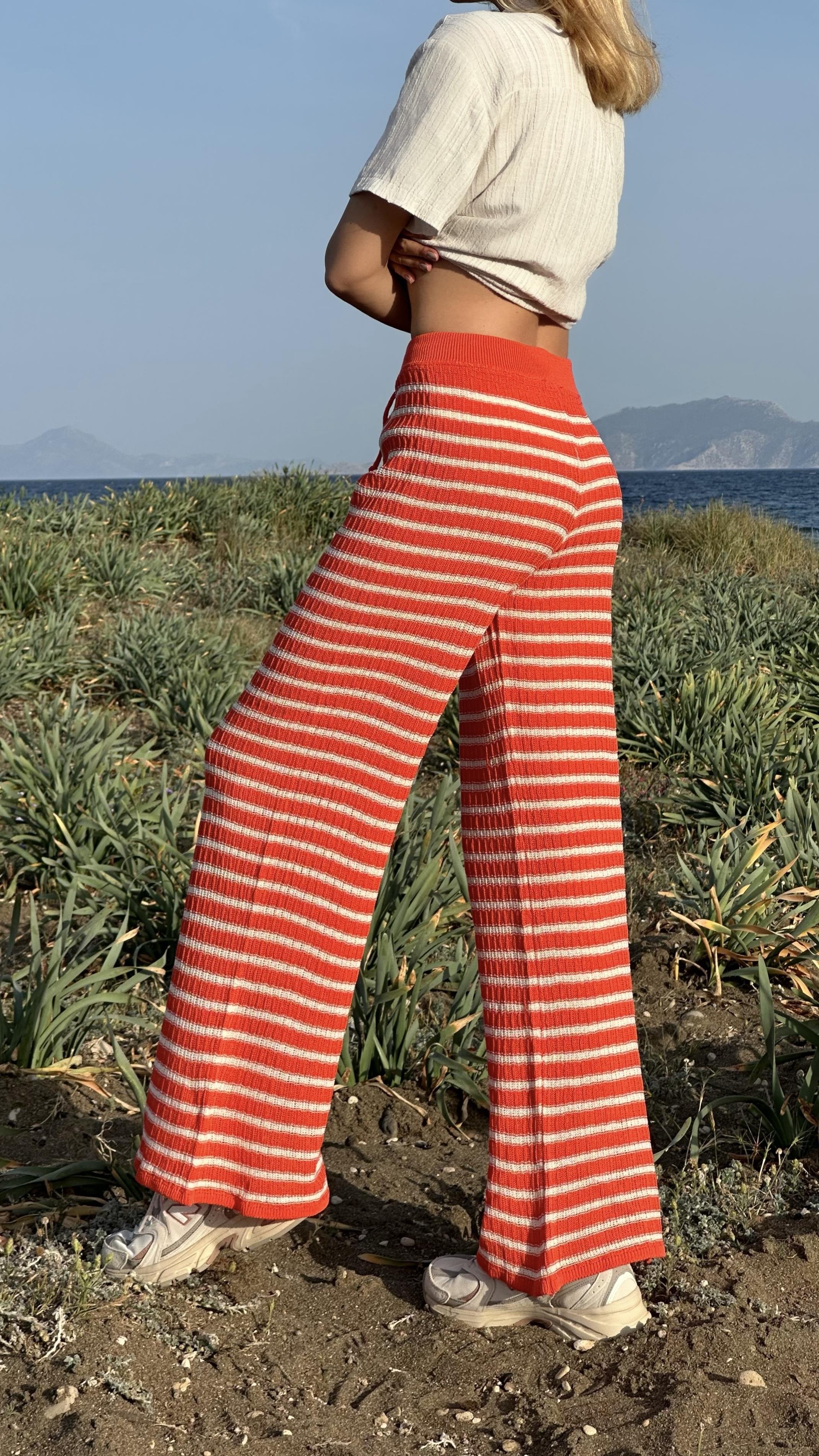 Chuba Kadın İspanyol Paça Triko Flare Fit Çizgili Desenli Pantolon Turuncu-Vanilya 25S3027