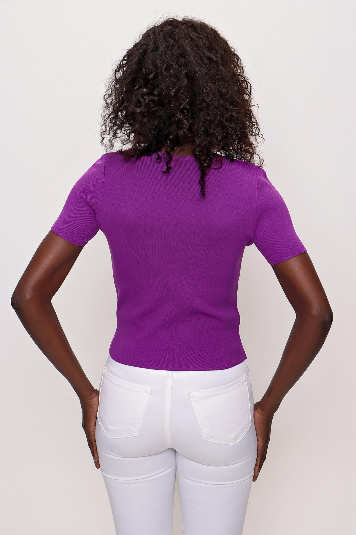 Chuba Kadın Kare Yaka Kısa Kollu İnce Triko Kazak Mor 22SW314