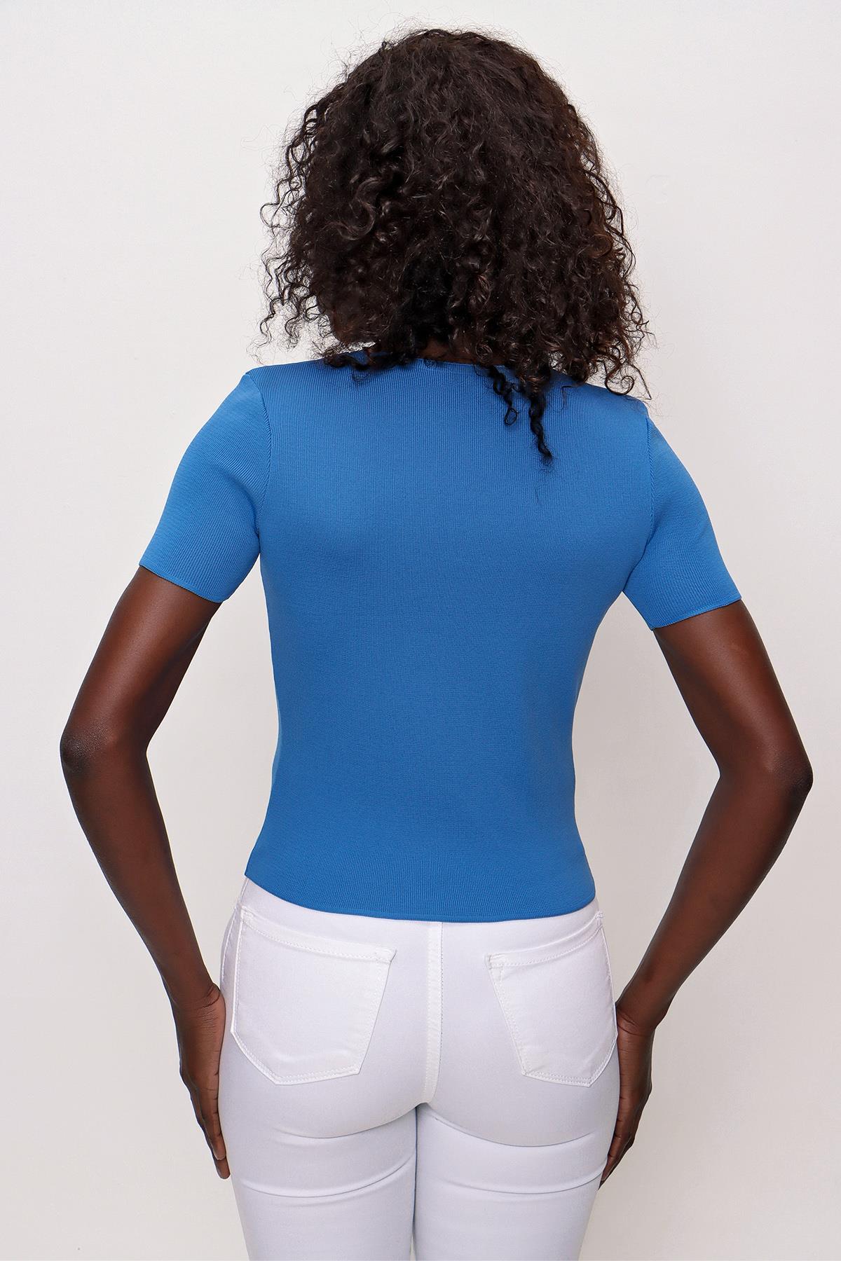 Chuba Kadın Kare Yaka Kısa Kollu İnce Triko Kazak İndigo 22SW314