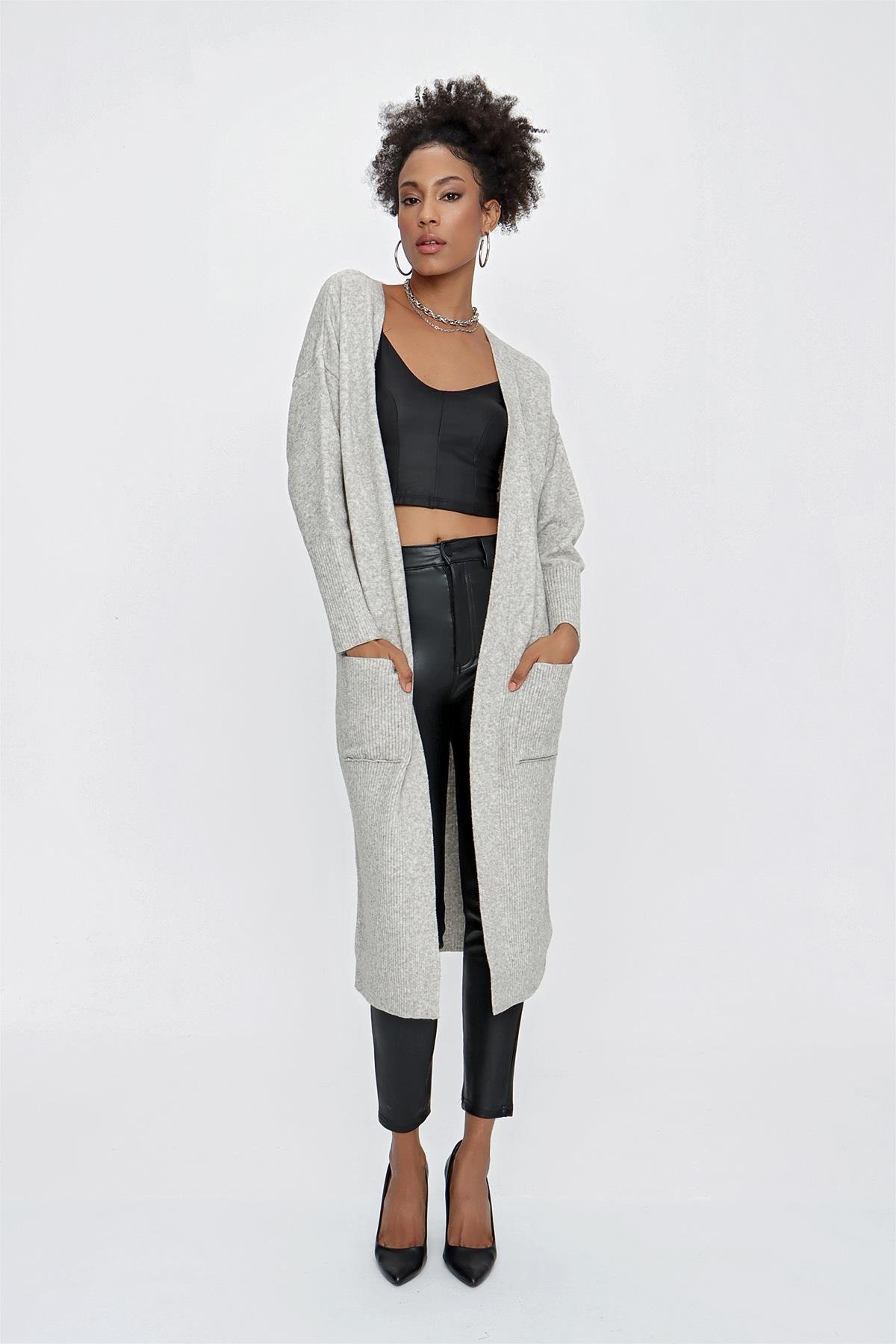 CHUBA Kadın Melanj Uzun Triko Hırka Gri 23W320