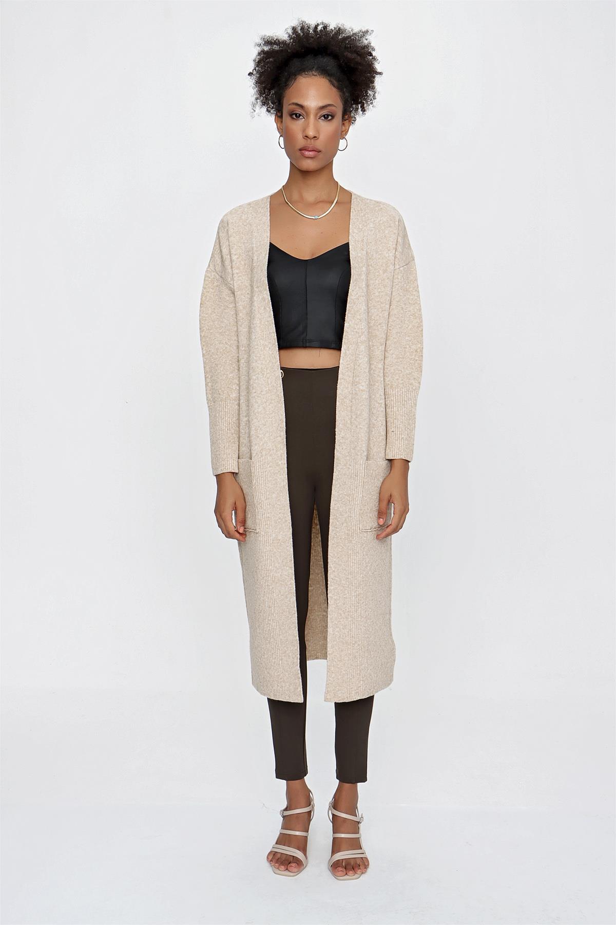 CHUBA Kadın Melanj Uzun Triko Hırka Bej 23W320