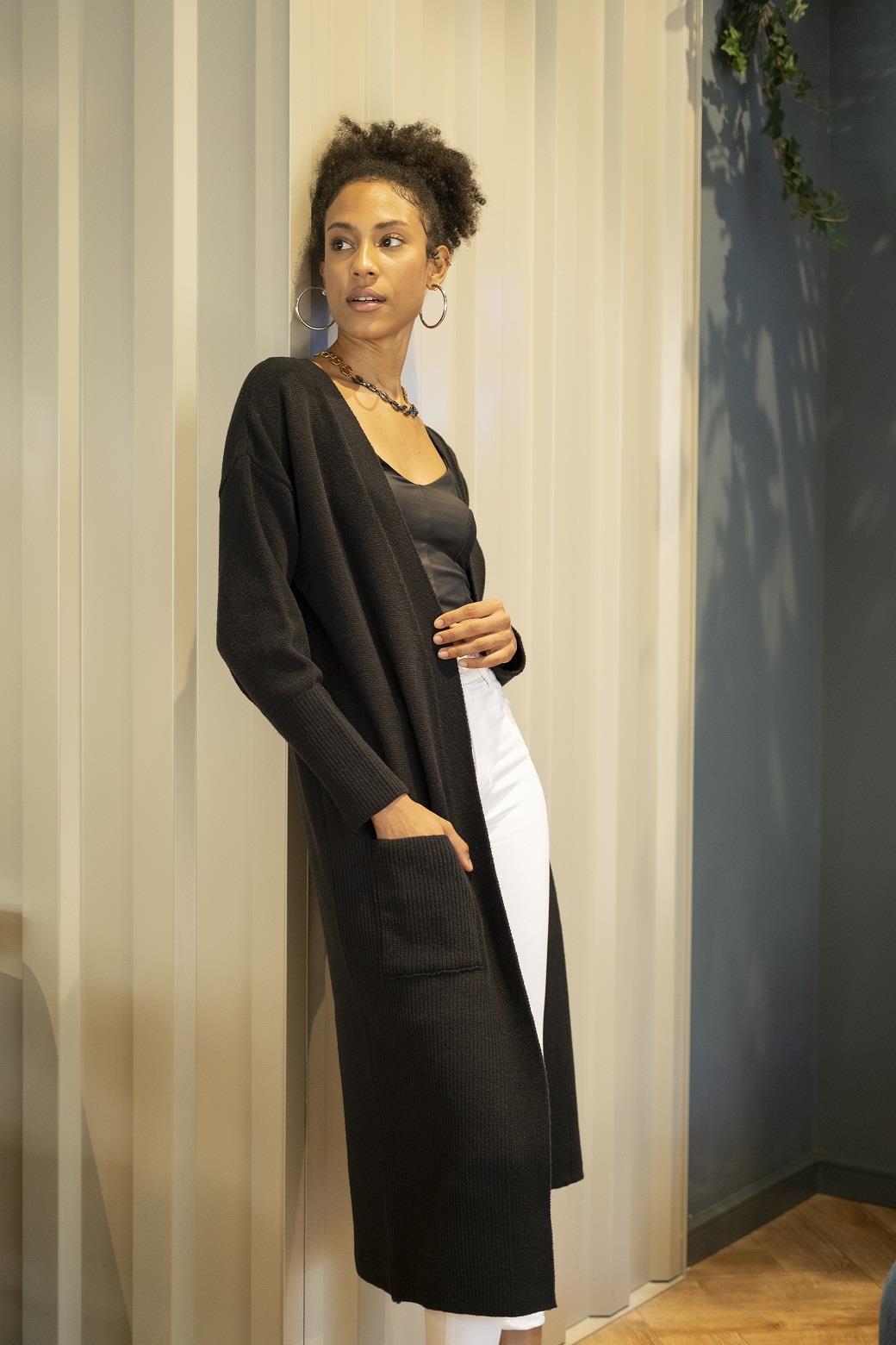 CHUBA Kadın Melanj Uzun Triko Hırka Siyah 23W320