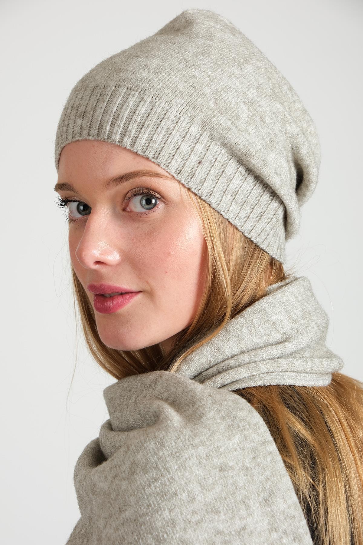 Chuba Kadın Melanj Yumuşak Tuşe Atkı Bere Takımı Gri 23W505