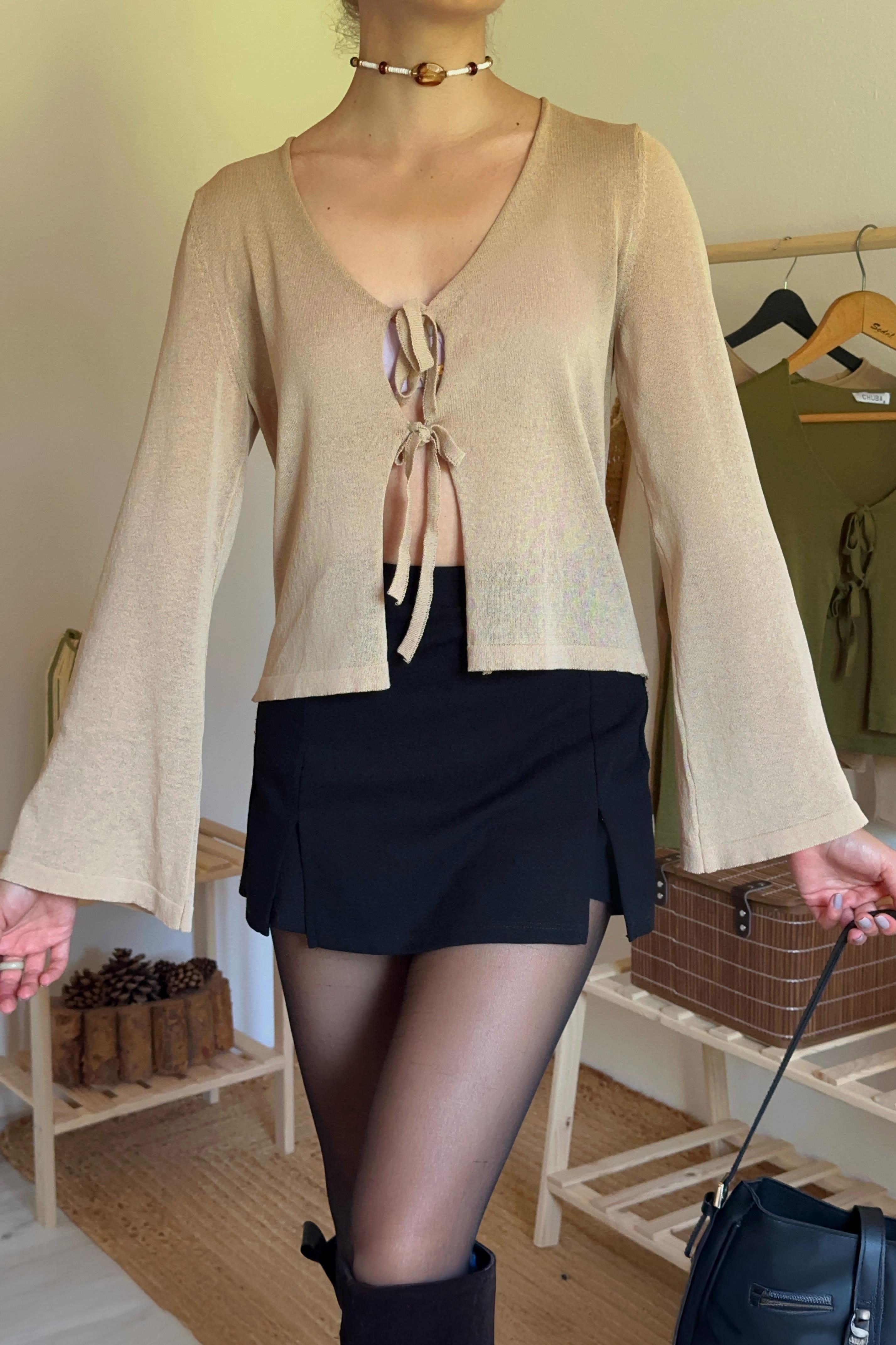 Chuba Kadın Önden Bağlamalı Standart Fit İnce Triko Bluz Taba 25S3022
