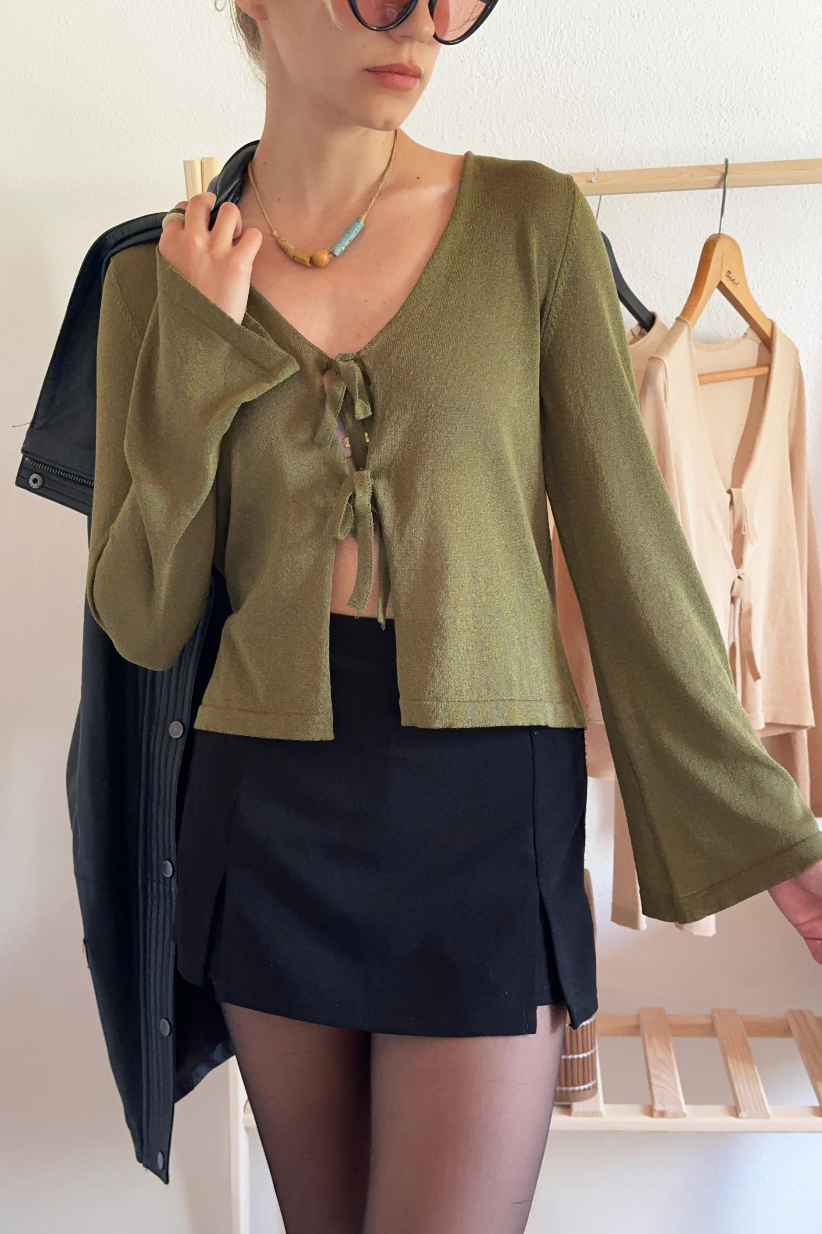 Chuba Kadın Önden Bağlamalı Standart Fit İnce Triko Bluz Haki 25S3022