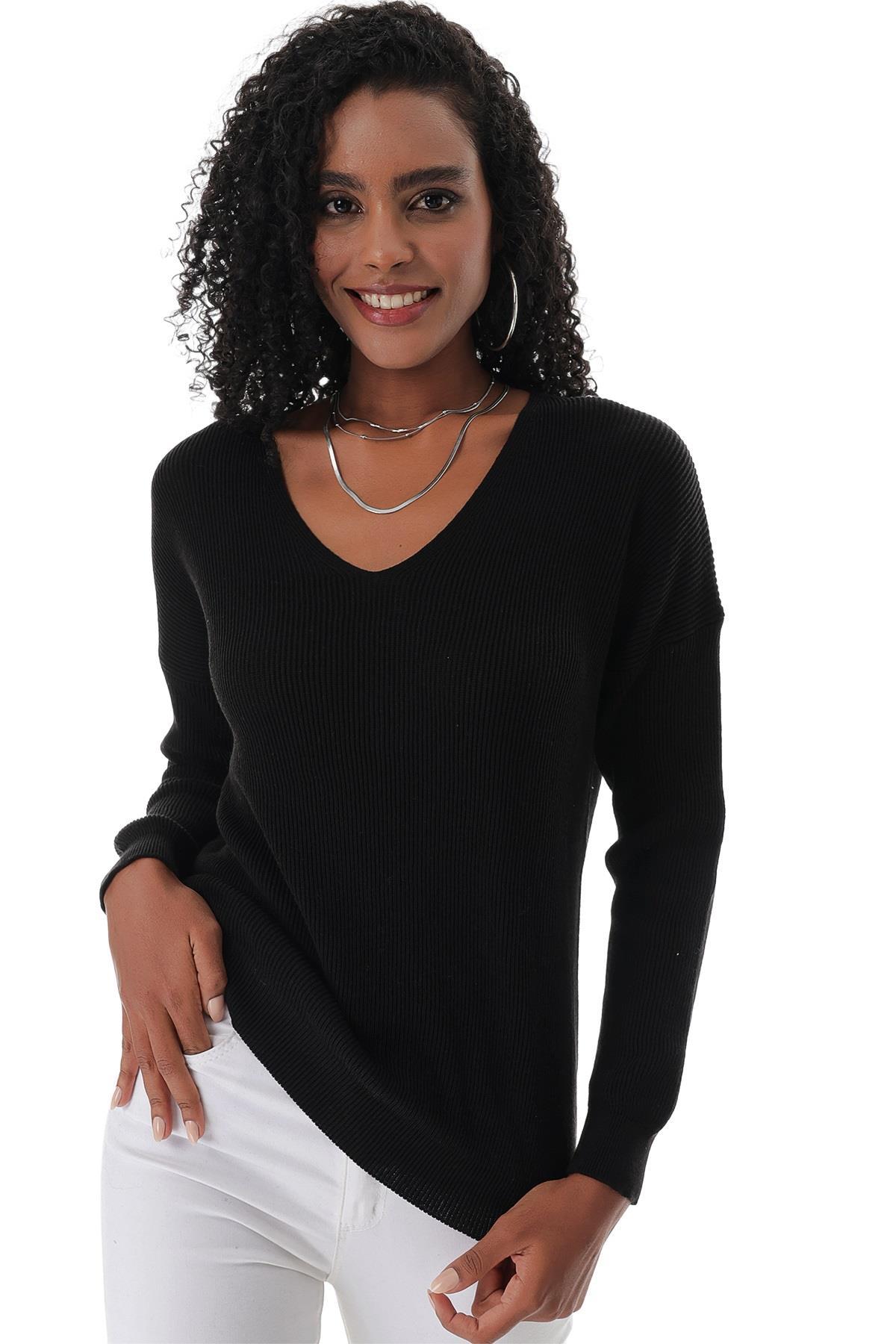 Chuba Kadın Pamuklu V Yaka Selanik Örgü Triko Kazak Siyah 23S1004