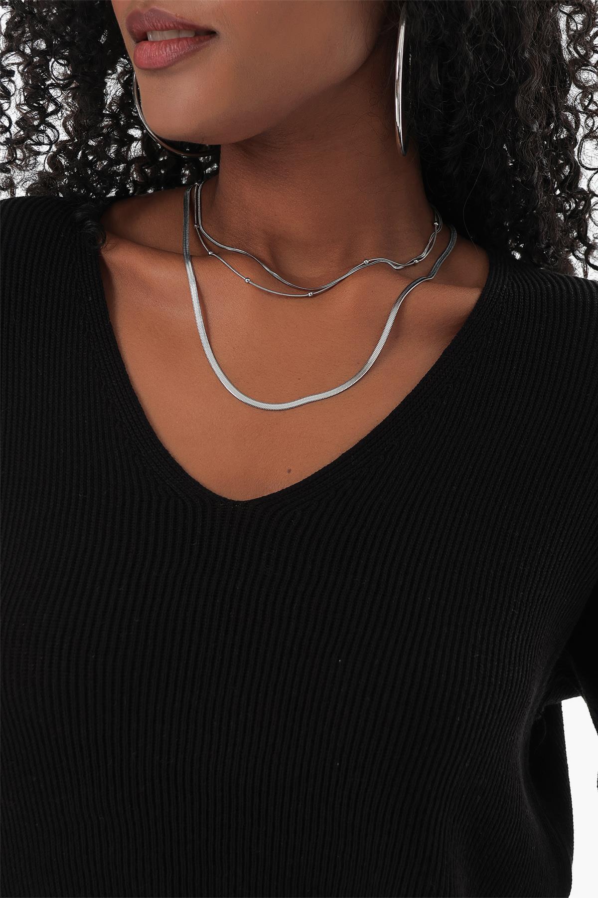 Chuba Kadın Pamuklu V Yaka Selanik Örgü Triko Kazak Siyah 23S1004