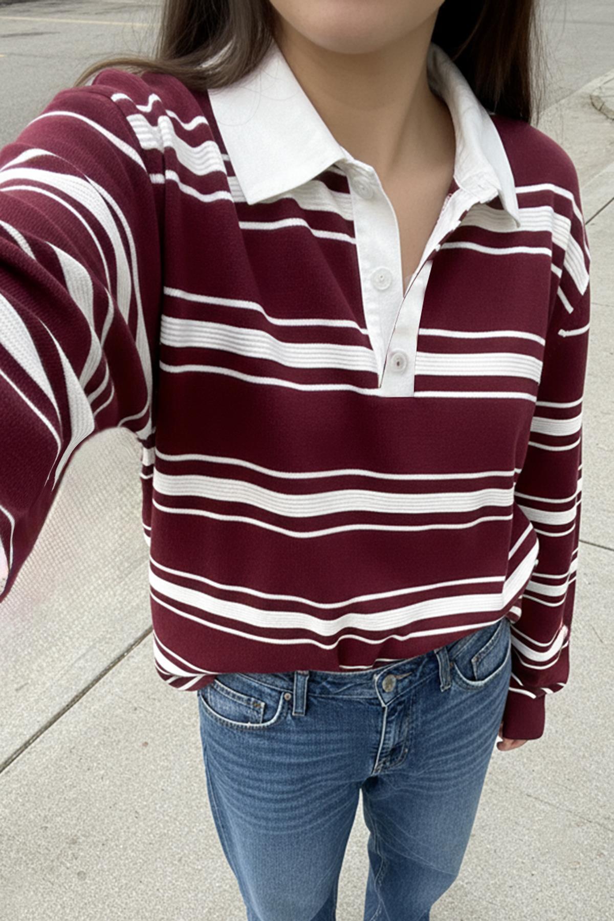 Chuba Kadın Polo Yaka Çizgili Düğmeli Triko Kazak Rugby Shirt Bordo-Beyaz 26W3036